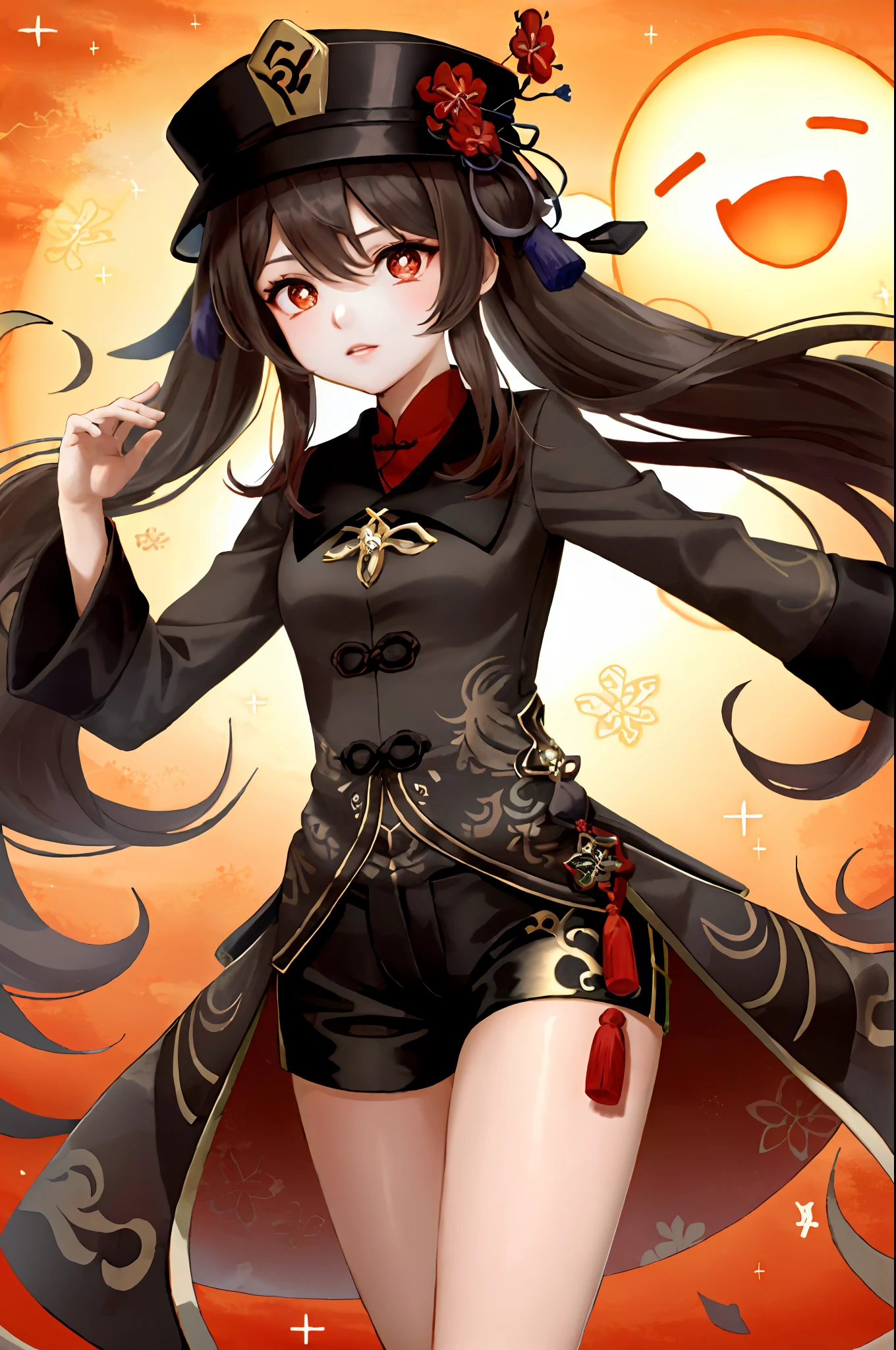 masterpiece, best quality,
1girl, hu tao (genshin impact), boo tao,hat, red eyes, twintails, brown hair, solo, symbol-shaped pupils, long hair,bangs, black shorts , chinese clothes,