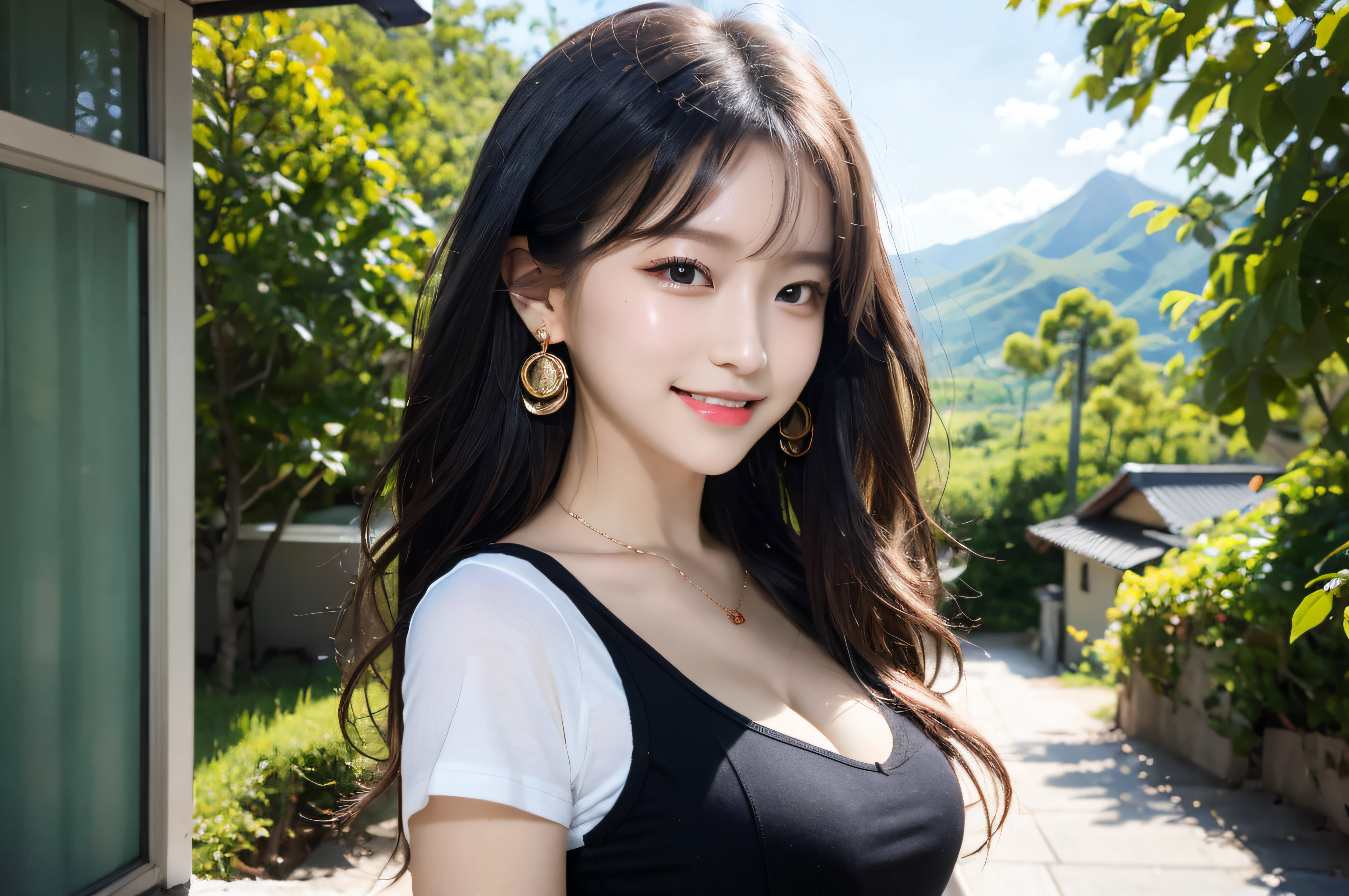 8K,tmasterpiece,14 Years Old Girl,country road,green mountains,tile-roofed house,Wear short sleeves, Black color hair,Big wavy long hair, Very detailed face and skin texture, A detailed eye, 二重まぶた, Pale cheeks, Glossy glossy skin, Shiny earrings and necklace, Glossy lips,Natural medium breasts, Sweet smiling, looking at viewert,fully body photo,Ultimate detail