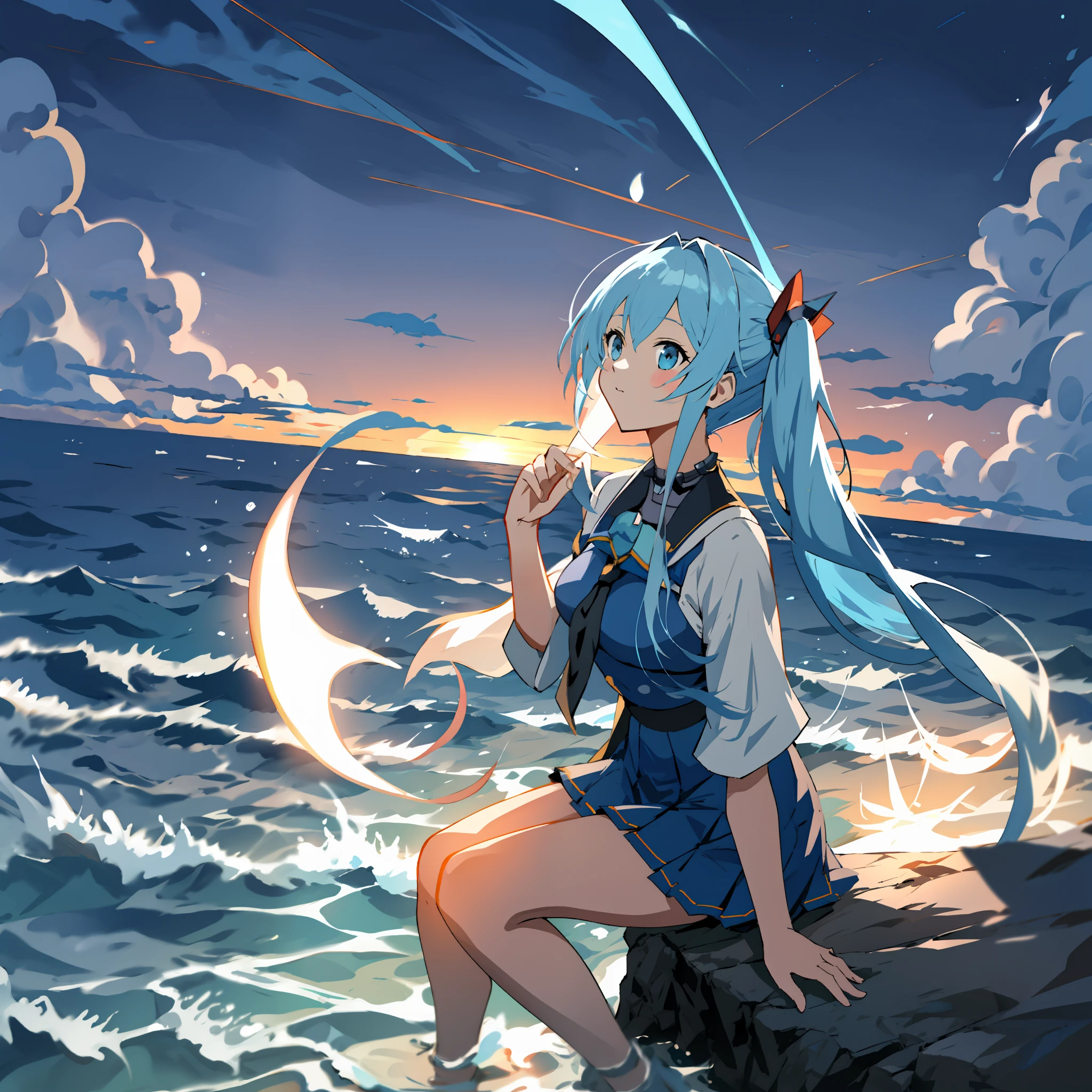 Anime girl sitting on a rock by the sea at night, Kantai collection style, wallpaper anime blue water, A scene from the《azur lane》videogame, azur lane style, konpeki no kantai, nightcore, Have by the sea, Anime art wallpaper 8 K, 4K anime wallpaper, Official artwork, offcial art, 《Ghost Wind Special Assault Team》The art of pixels