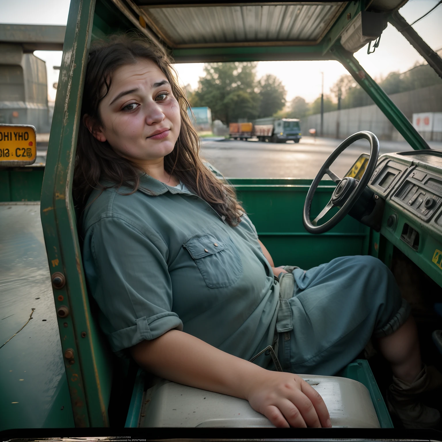 RAW uhd photo, (a photo of (chubby:0.5) 25 year old Ingush girl) sitting in ((garbage truck)), old dirty workwear, thelarche, (dull face), grips the steering wheel, holding a cigarette, [[Down syndrome]], (wrinkles), (greasy hair), ((eyebags)), (detailed skin pores), [poor sun lightening], ((film grain)), (focus on face), Polaroid snapshot camera