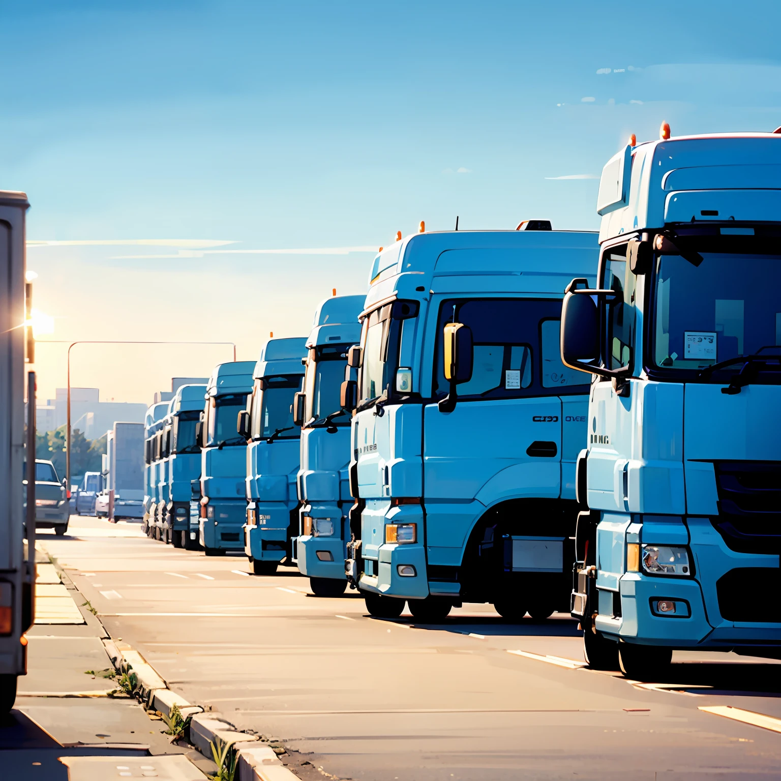 Blue sky background,There are many trucks lined up in the parking lot --auto
