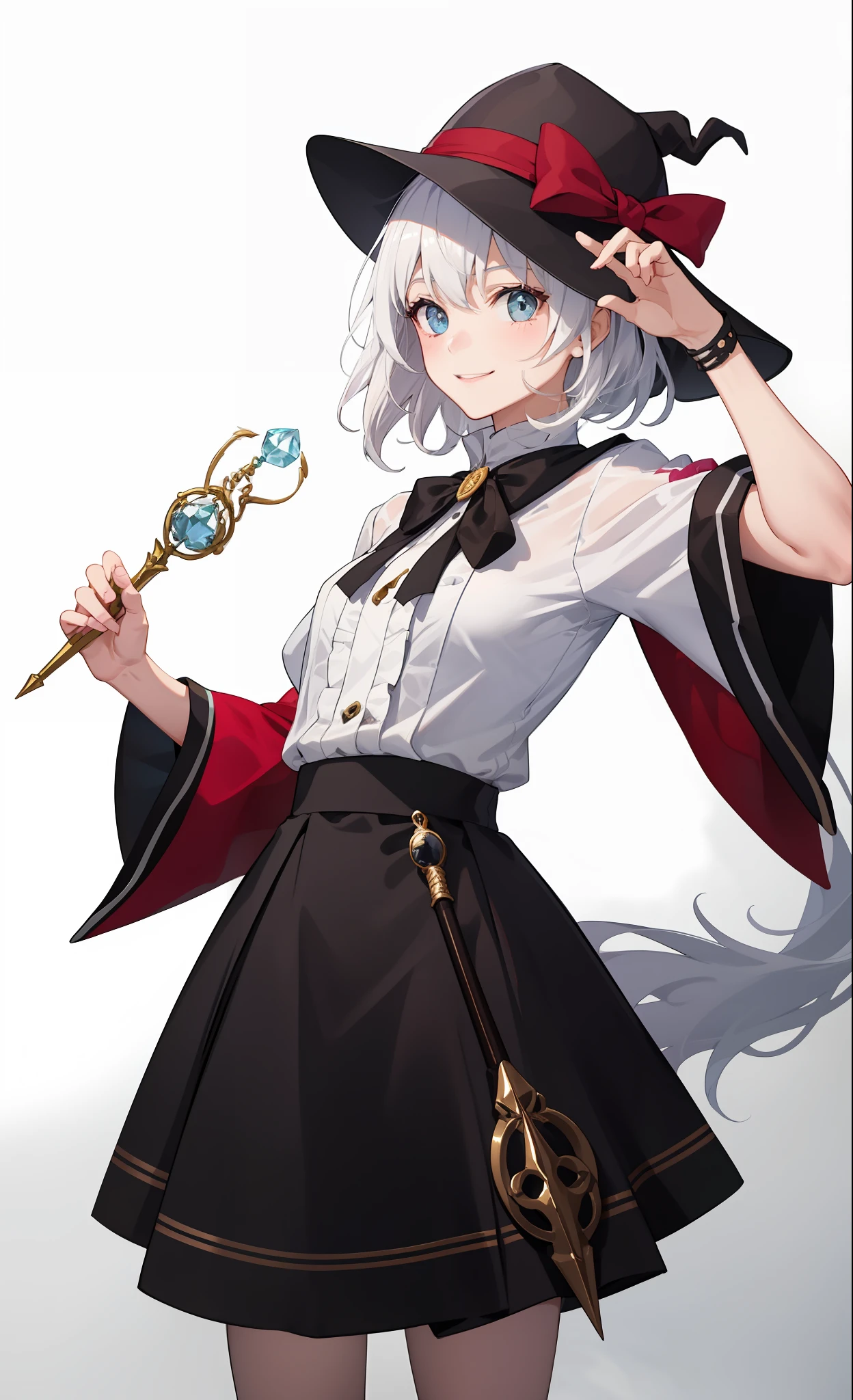 1girl in、A smile、The shirt、Blouse、skirt by the、（small tits）Chilarism、movement、Hats、cloaks、magic wands、Sorcerer、white  hair、