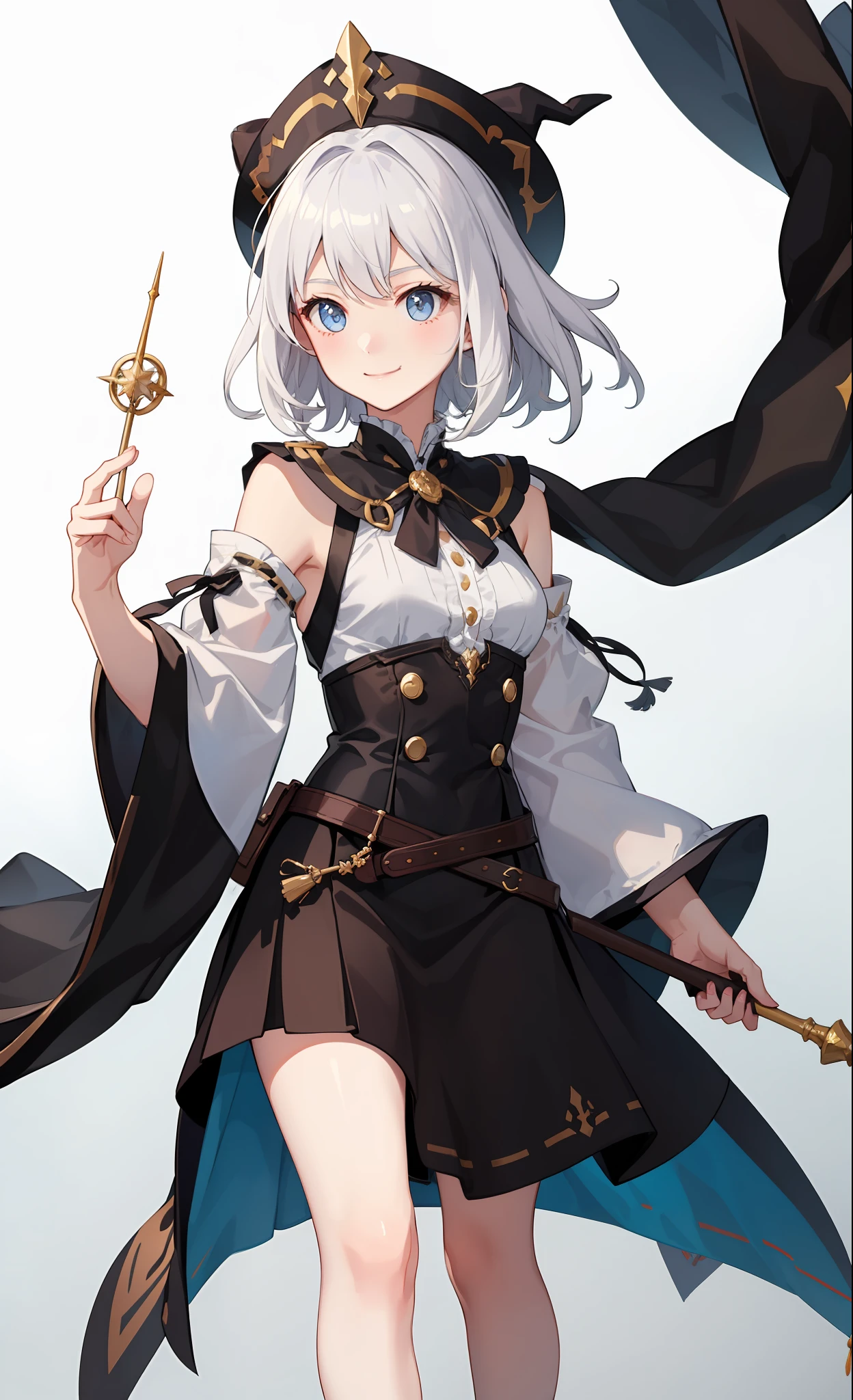 1girl in、A smile、The shirt、Blouse、skirt by the、(small tits)Chilarism、movement、Hats、cloaks、magic wands、Sorcerer、white hair、