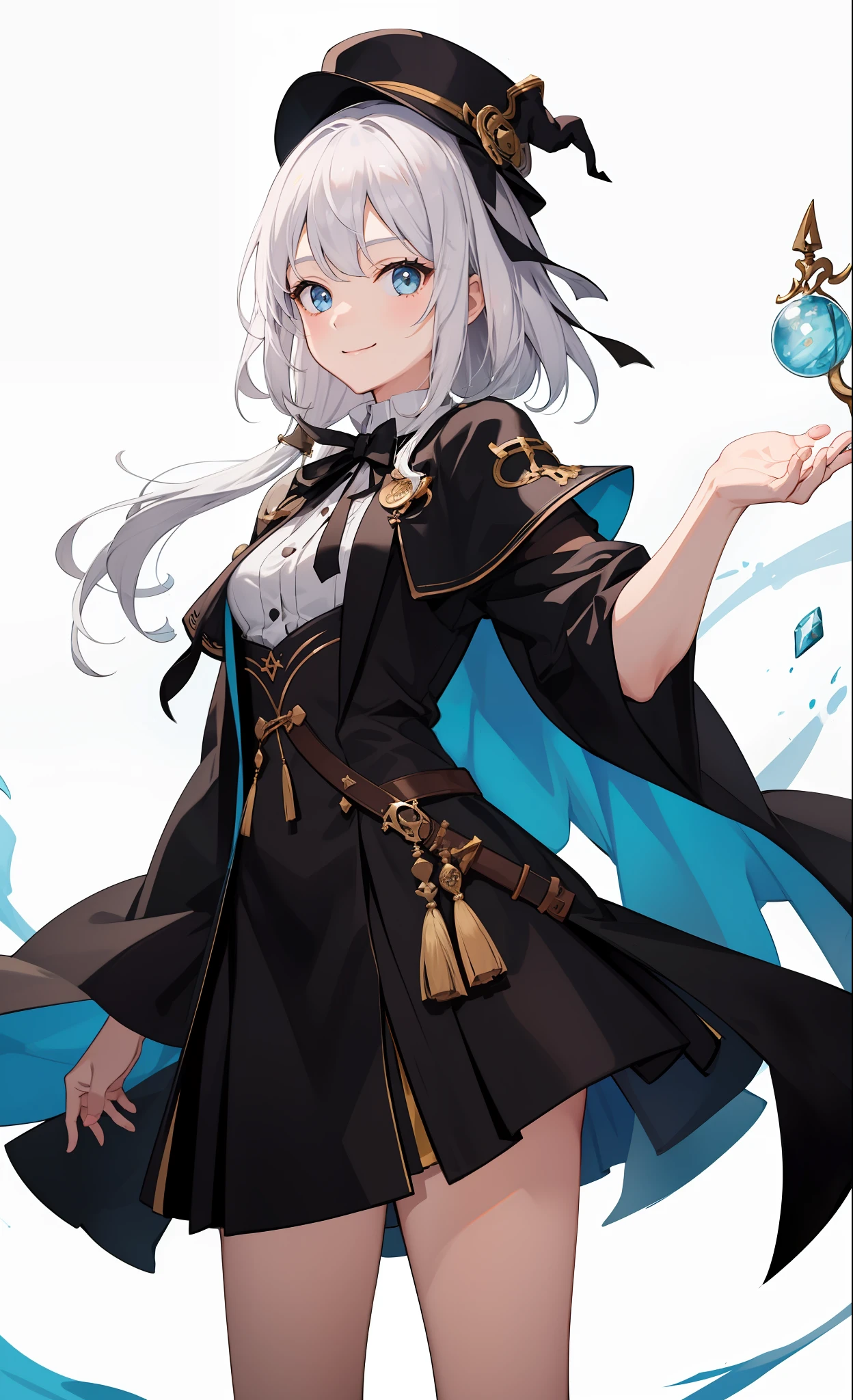 1girl in、A smile、The shirt、Blouse、skirt by the、（small tits）Chilarism、movement、Hats、cloaks、magic wands、Sorcerer、white  hair、