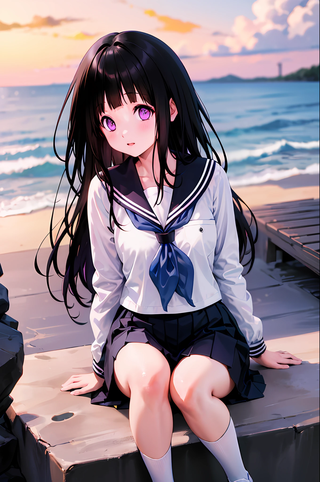 1girl, chitanda eru, long hair, black hair, school uniform, purple eyes, white shirt, white socks, pleated skirt, bangs, black sailor collar, neckerchief, black skirt, long sleeves, beach