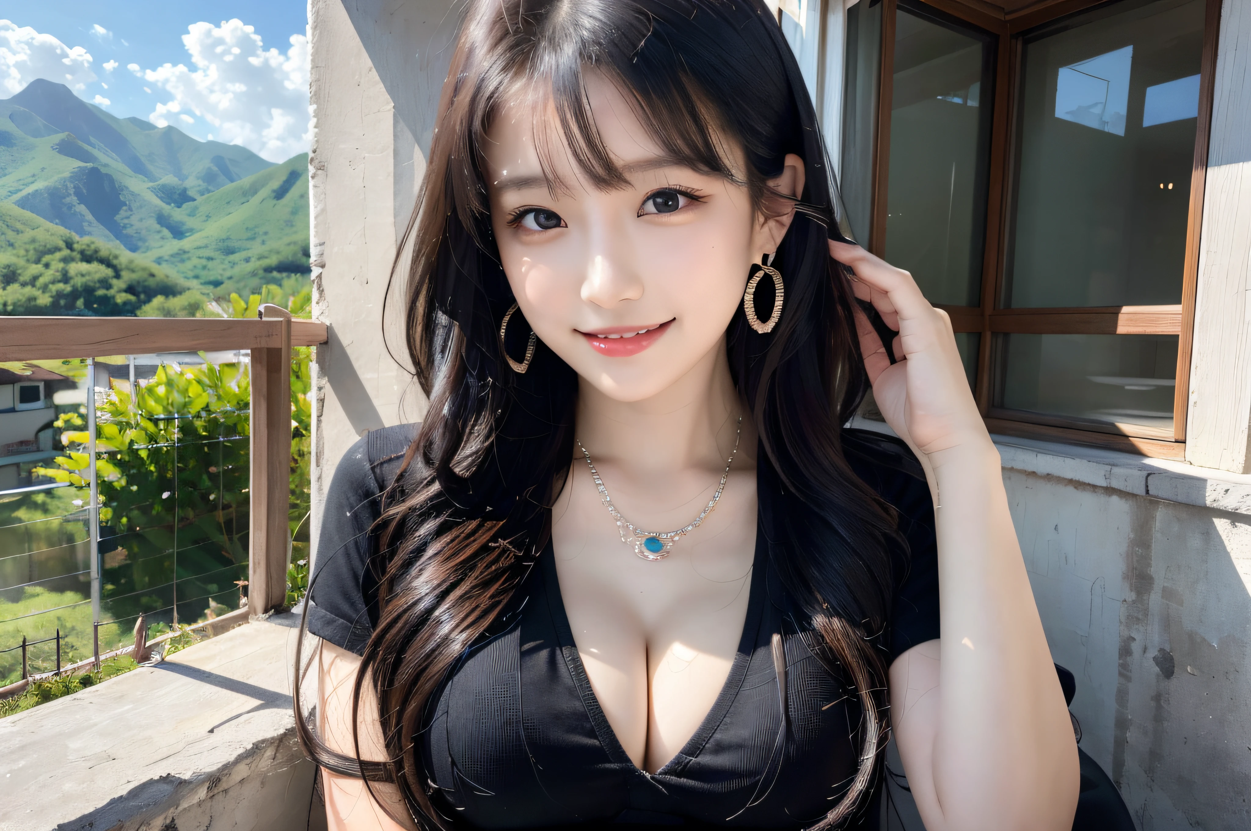 8K,tmasterpiece, Girl,country road,green mountains,tile-roofed house,Wear short sleeves, Black color hair,Big wavy long hair, Very detailed face and skin texture, A detailed eye, 二重まぶた, Pale cheeks, Glossy glossy skin, Shiny earrings and necklace, Glossy lips,Natural medium breasts, Sweet smiling, looking at viewert,fully body photo,Ultimate detail