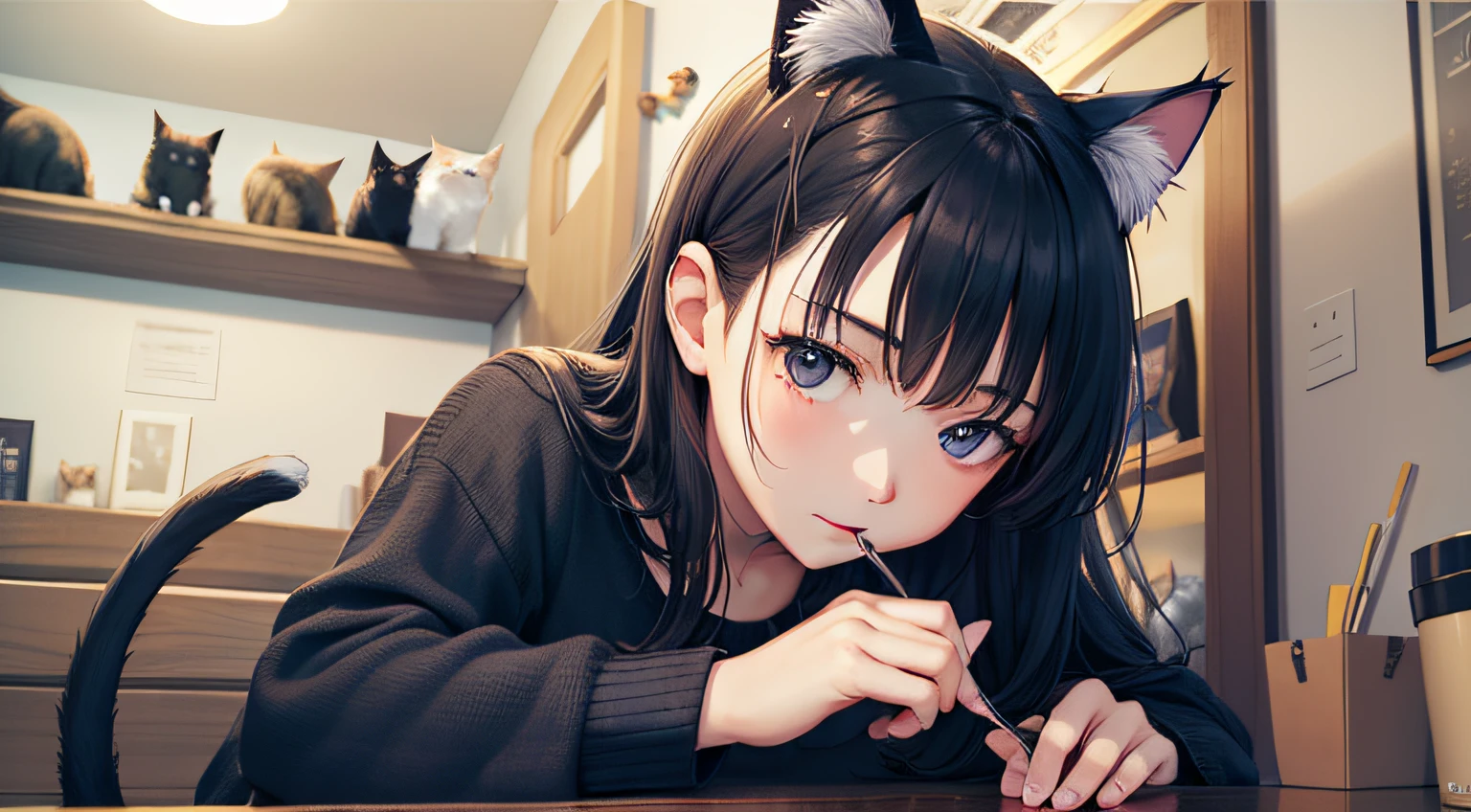 In the cat café、Depicts a situation surrounded by many cats、Illustration of a teenage girl sitting nervously、Based on CG drawings drawn in detail、Produce beautiful creations of the highest quality。