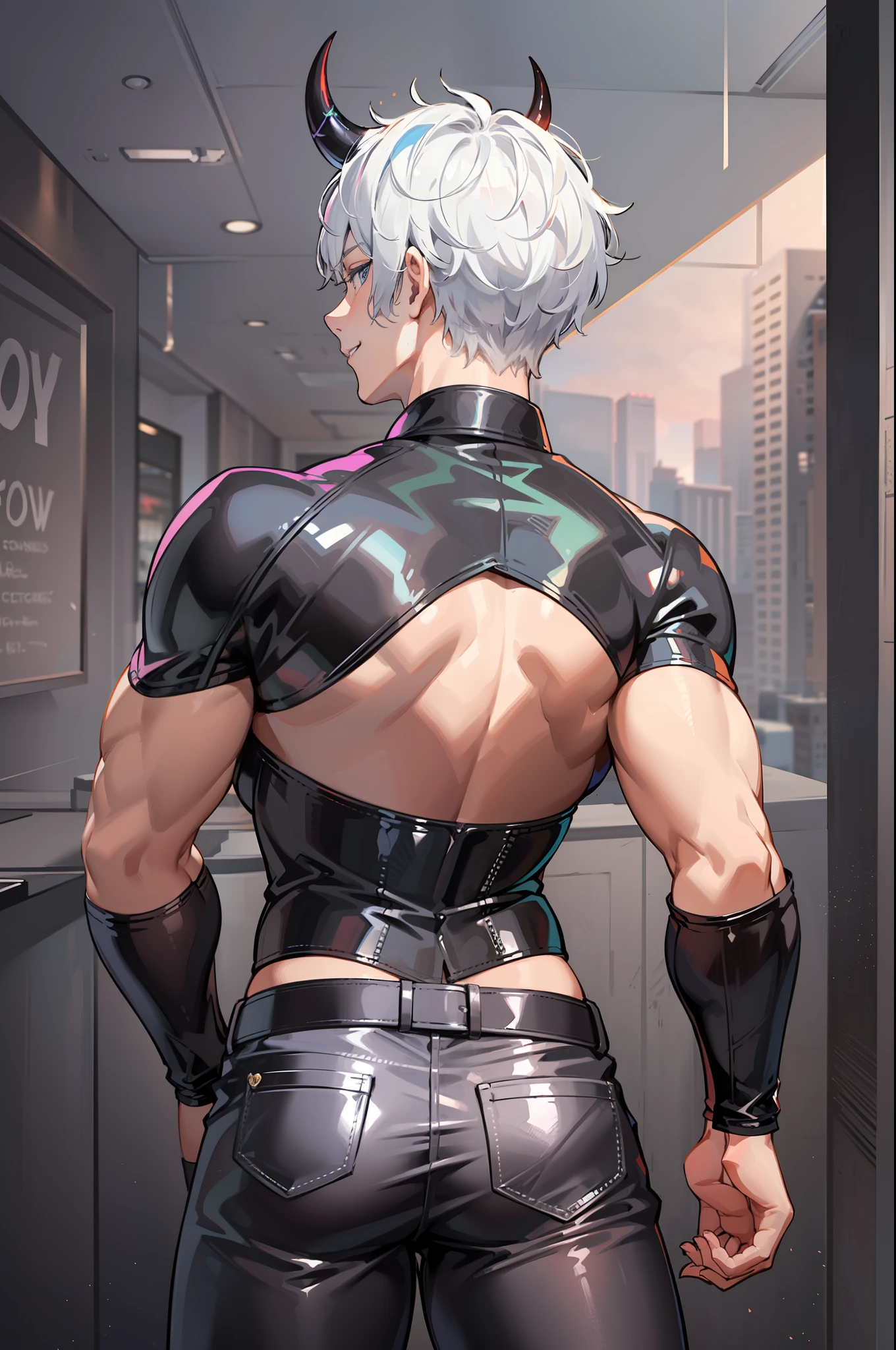 mature male, Demon, white colored hair, Short hair, Horns, blue eyes, Seduction Smile, topless male, muscular, leather belts, BDSM, leather pants, (view from his back:1.5)