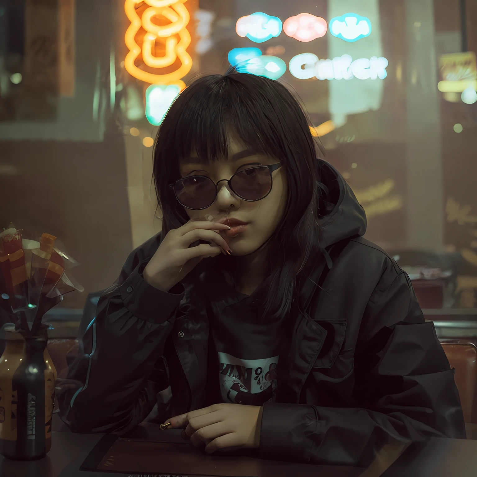 DSLR photo, alternative Korean girl sitting in a diner at night, cute face, black sunglasses, black jacket, cigarette in an ashtray on the table, seen through a window, NeonNoir, (backlit:1.1), hard shadow, masterpiece, best quality, Intricate, High Detail, 8k, modelshoot style, film grain,