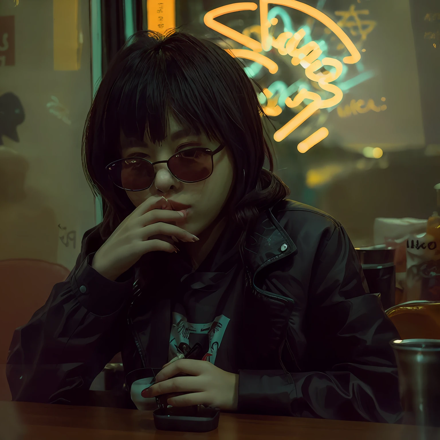 DSLR photo, alternative Korean girl sitting in a diner at night, cute face, black sunglasses, black jacket, cigarette in an ashtray on the table, seen through a window, NeonNoir, (backlit:1.1), hard shadow, masterpiece, best quality, Intricate, High Detail, 8k, modelshoot style, film grain,