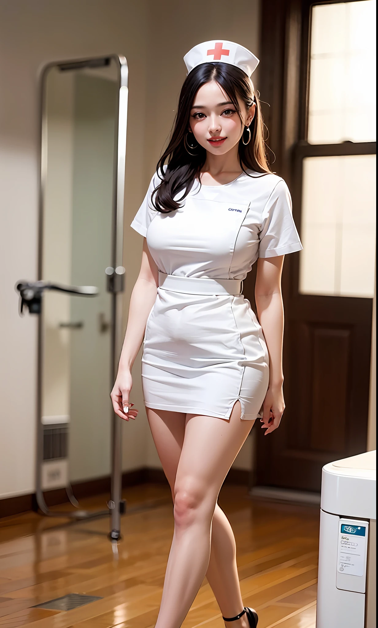 delicate, ((only upper half of body)), masterpiece, beautiful detailed, colourful, finely detailed, intricate details,detailed lips,elegance,(1 girl:1.1),solo, (a beautiful 20 age years old sexy girl:1.2), instagram, (kpop idol, korean mixed), (black hair+tied up:1.3), (50mm Sigma f/1.4 ZEISS lens, F1.4, 1/800s, ISO 100, photograpy:1.1), (photorealistic:0.8),(hospital:1.2), sunshine,standing,(sexy nurse, nurse cap :1.2),happy smile,earrings,
