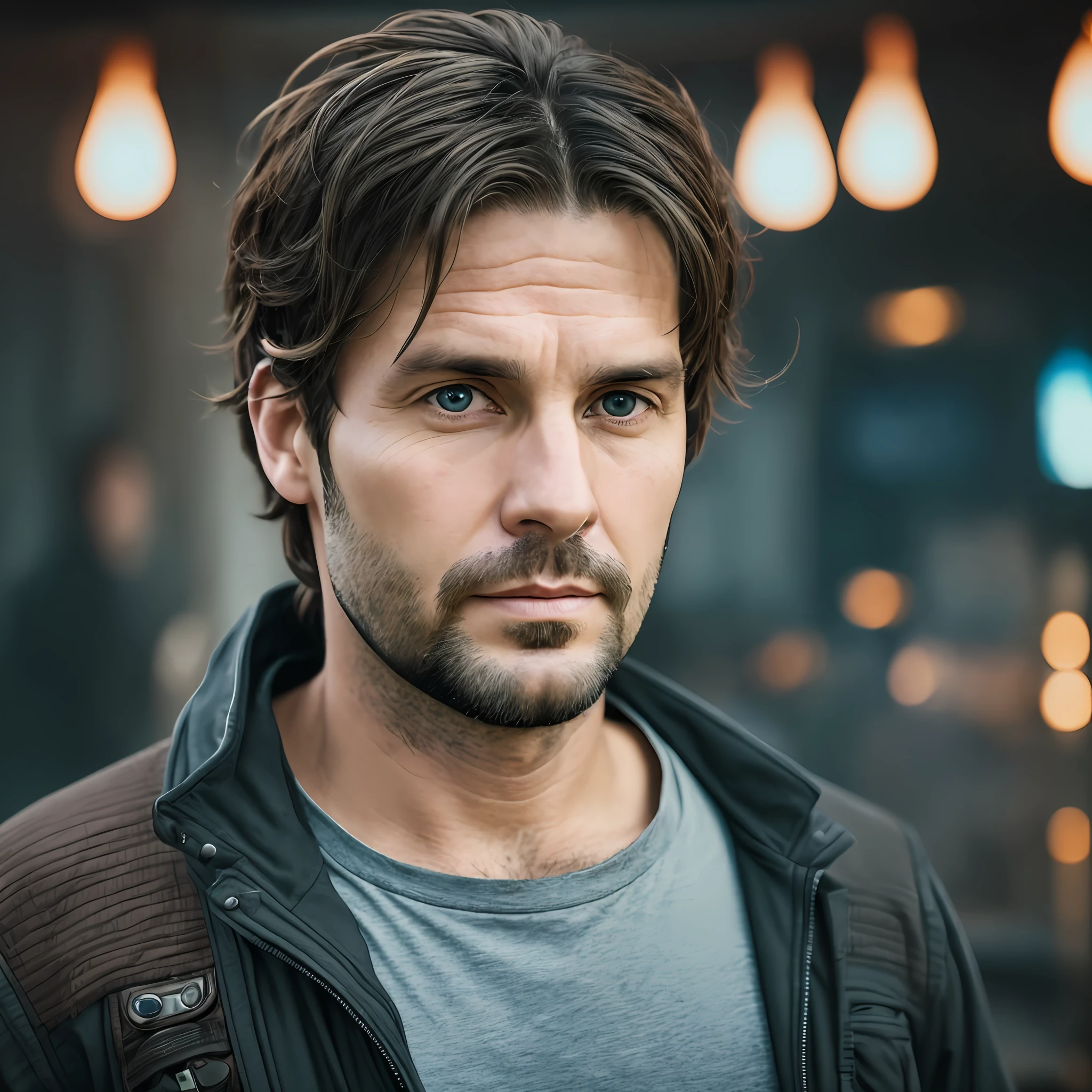 Science fiction male protagonist,35-year-old man,Frontal photo,A sense of vicissitudes,sci fi background
