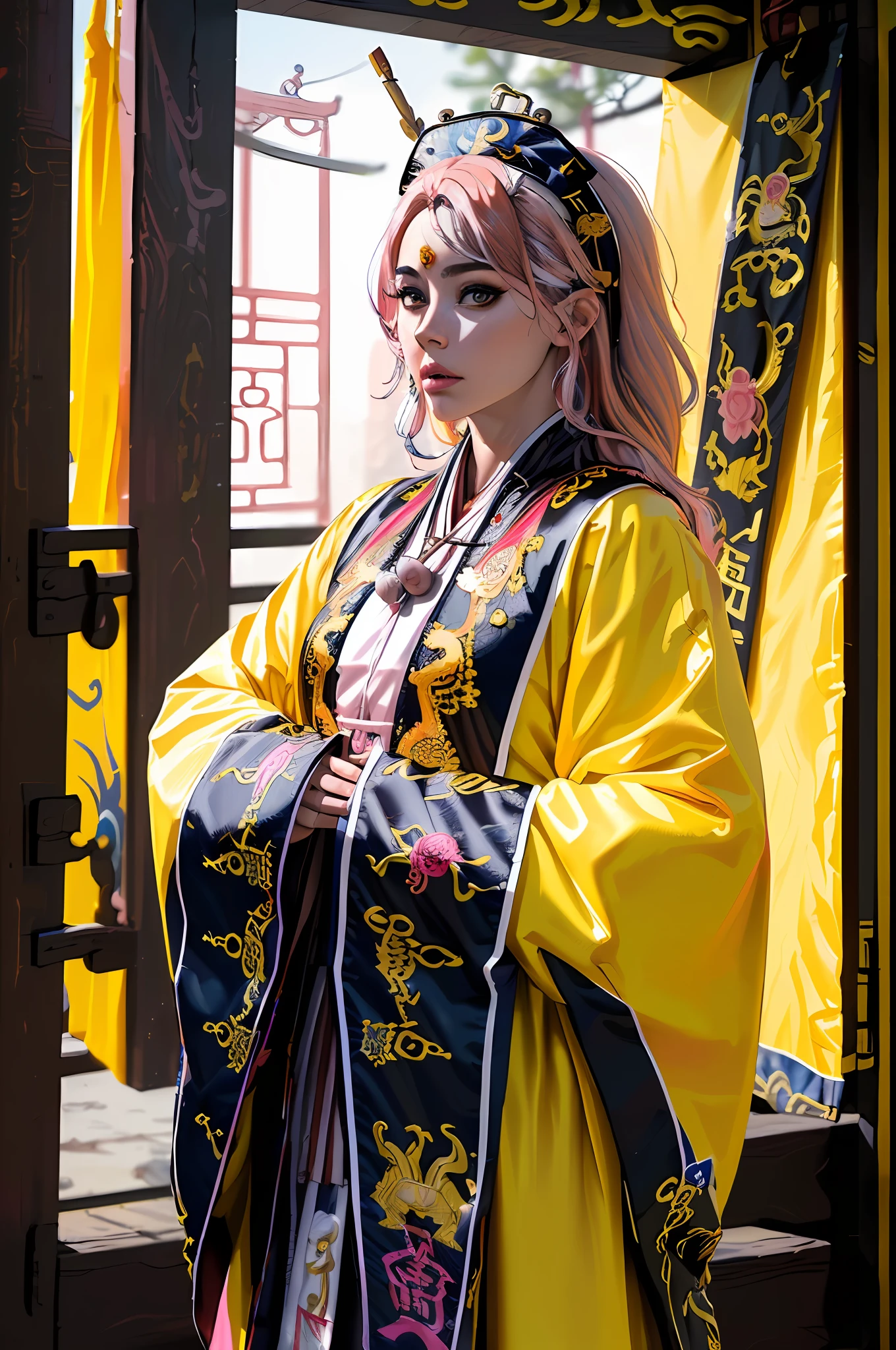 ((masterpiece), (best quality), ultra high res, (raw photo:1.2), (photorealistic:1.4), Exceptional detail, dramatic lighting, highres, 8k, absurdres, solo,
CNGirl_2, 1girl, ((pink hair)), close up, daoist_robe, yellow daoist robe, Chinese Temple, fantasy, incense, long hair, looking at viewer,