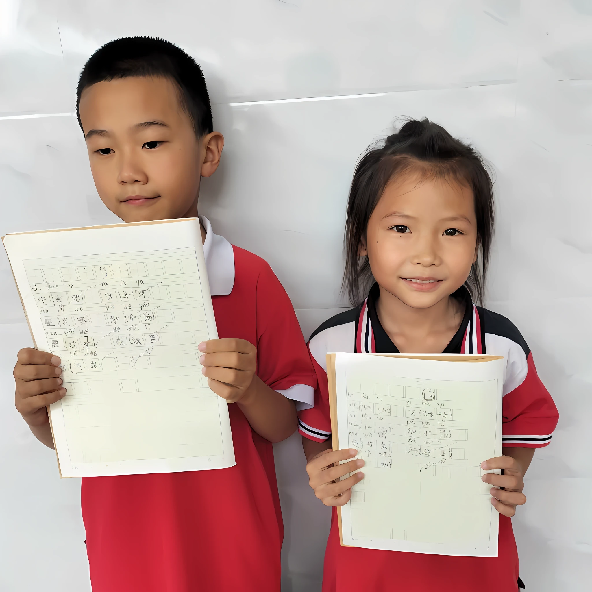 Two children hold up papers with writing in front of the wall, Ruan Jia and Fenghua Zhong, ruan jia and brom, small and sharp pupils, Student, kid, year 2447, author：Li Zai, Chinese traditional, year 3022, author：Yi Zaiwan, they are very serious, By Shen Quan, Children