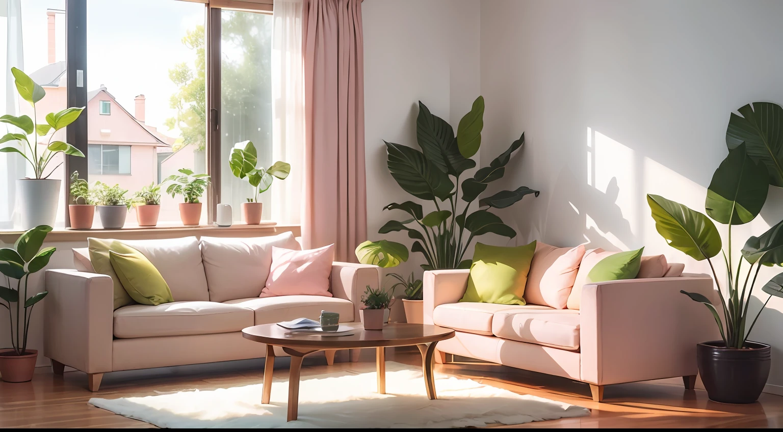 Modern minimalist indoor living room scene Simple furniture Living room placed a milky pink sofa A pot of green plants No need for excess furniture High quality HD picture quality Bright light --auto