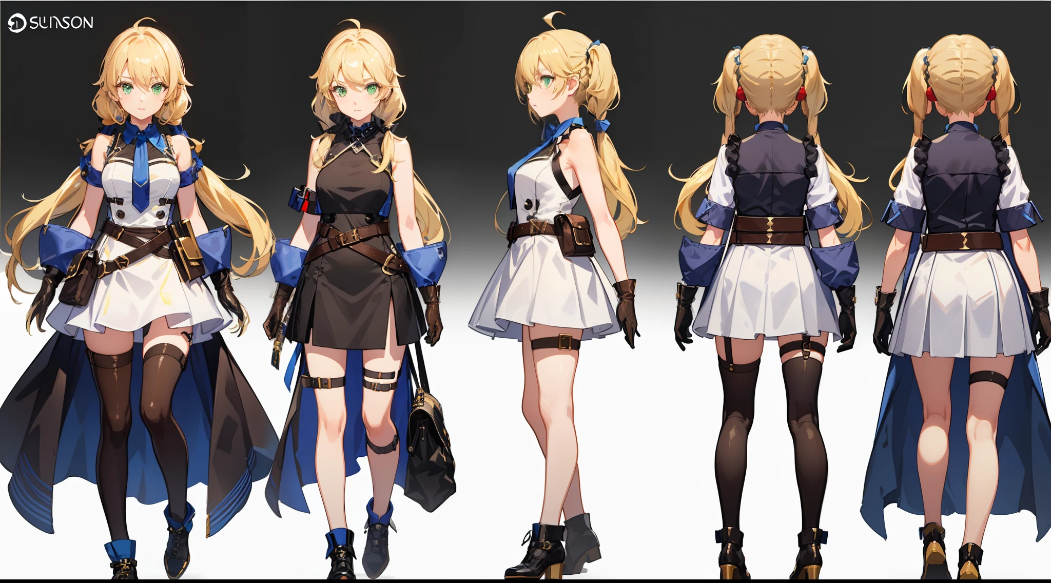 (Masterpiece: 1.4), (Best quality: 1.4), 8K, HD, ultra clear，blueprint,(multi angle),(reference sheet)(((full body character turnaround of 1girl)))(Petite:1.4 ), ((Blonde hair:1.4),Wavy hair, Hair Between Eyes, ((low twintails:1.4)), Braids , side locks, Ahoge, flipped hair )hair ornaments,(Green eyes:1.2) ,Steampunk, (London street fashion:1.1)engineer,(white sleeveless sundress:1.4), Belt, Bracelet , (Leather gloves:1.4)(thigh strap)(simple background, white background:1.3),
