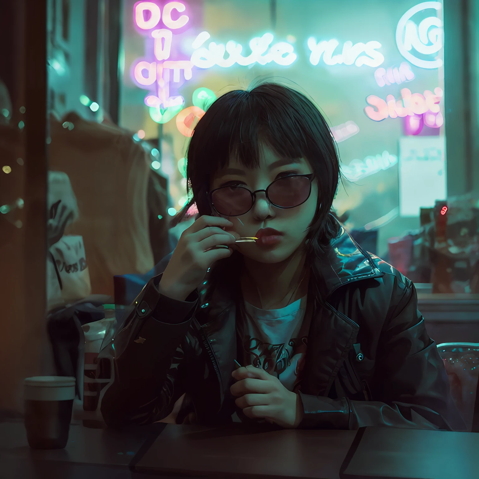 DSLR photo, alternative Korean girl sitting in a diner at night, cute face, black sunglasses, black jacket, cigarette in an ashtray on the table, seen through a window, NeonNoir, (backlit:1.1), hard shadow, masterpiece, best quality, Intricate, High Detail, 8k, modelshoot style, film grain,