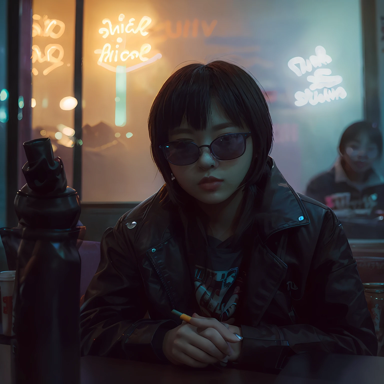 DSLR photo, alternative Korean girl sitting in a diner at night, cute face, black sunglasses, black jacket, cigarette in an ashtray on the table, seen through a window, NeonNoir, (backlit:1.1), hard shadow, masterpiece, best quality, Intricate, High Detail, 8k, modelshoot style, film grain,