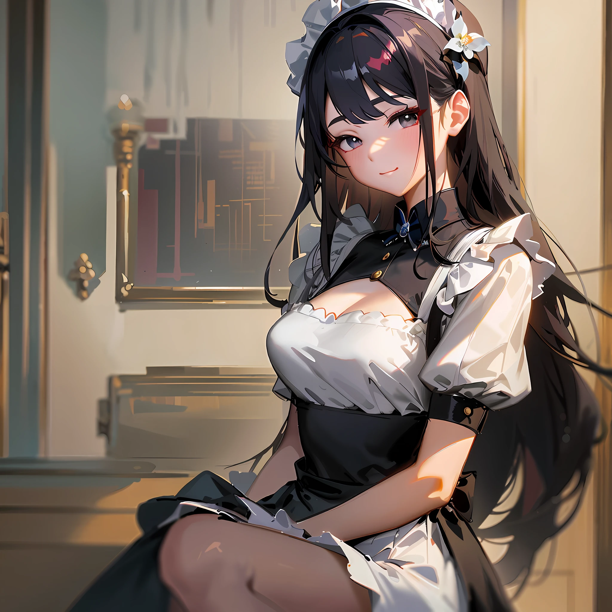 anime character with long black hair and white dress posing for a picture, gorgeous maid, anime girl in a maid costume, maid outfit, loli in dress, guweiz on pixiv artstation, guweiz on artstation pixiv, maid, small curvy loli, artwork in the style of guweiz, cute anime waifu in a nice dress