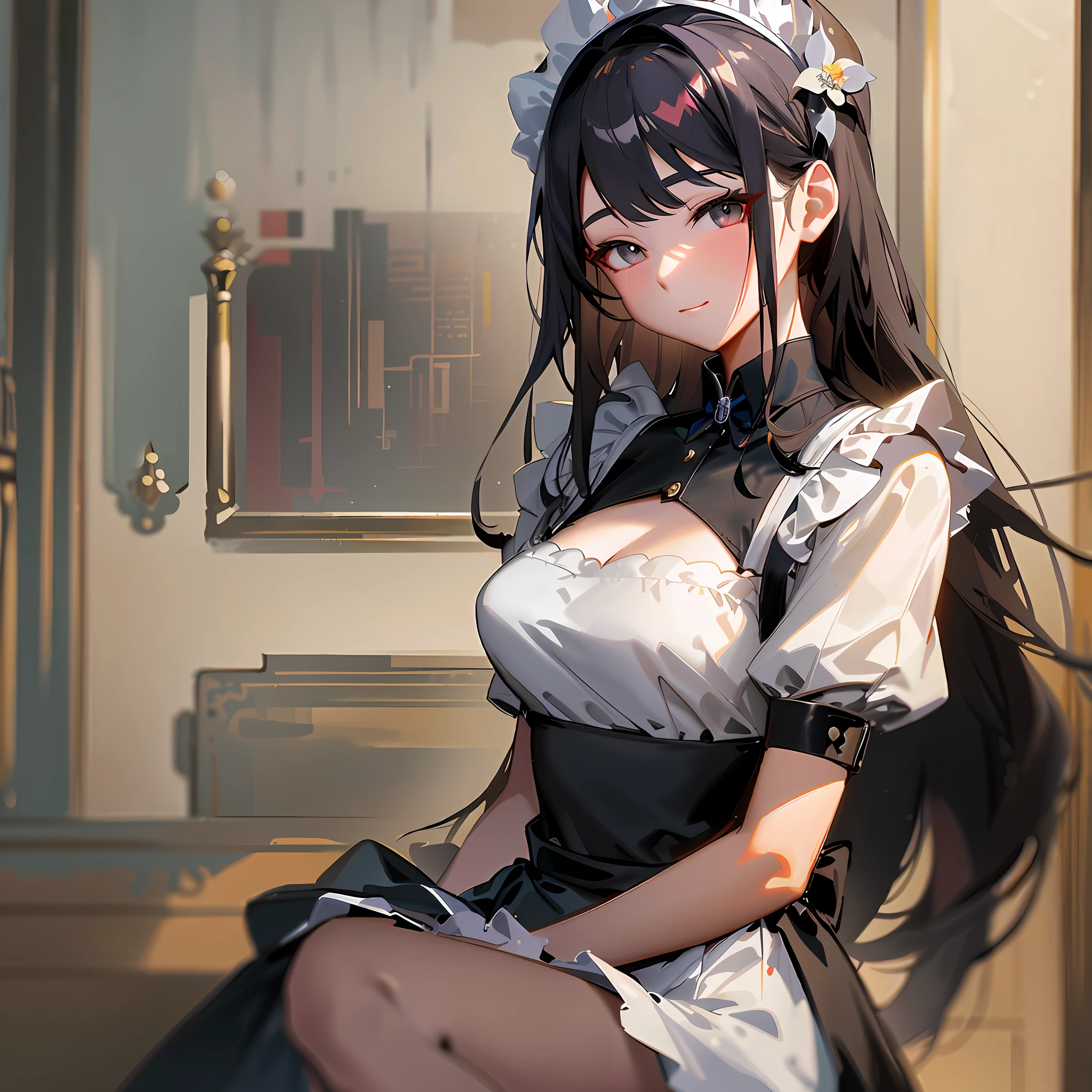 anime character with long black hair and white dress posing for a picture, gorgeous maid, anime girl in a maid costume, maid outfit, loli in dress, guweiz on pixiv artstation, guweiz on artstation pixiv, maid, small curvy loli, artwork in the style of guweiz, cute anime waifu in a nice dress