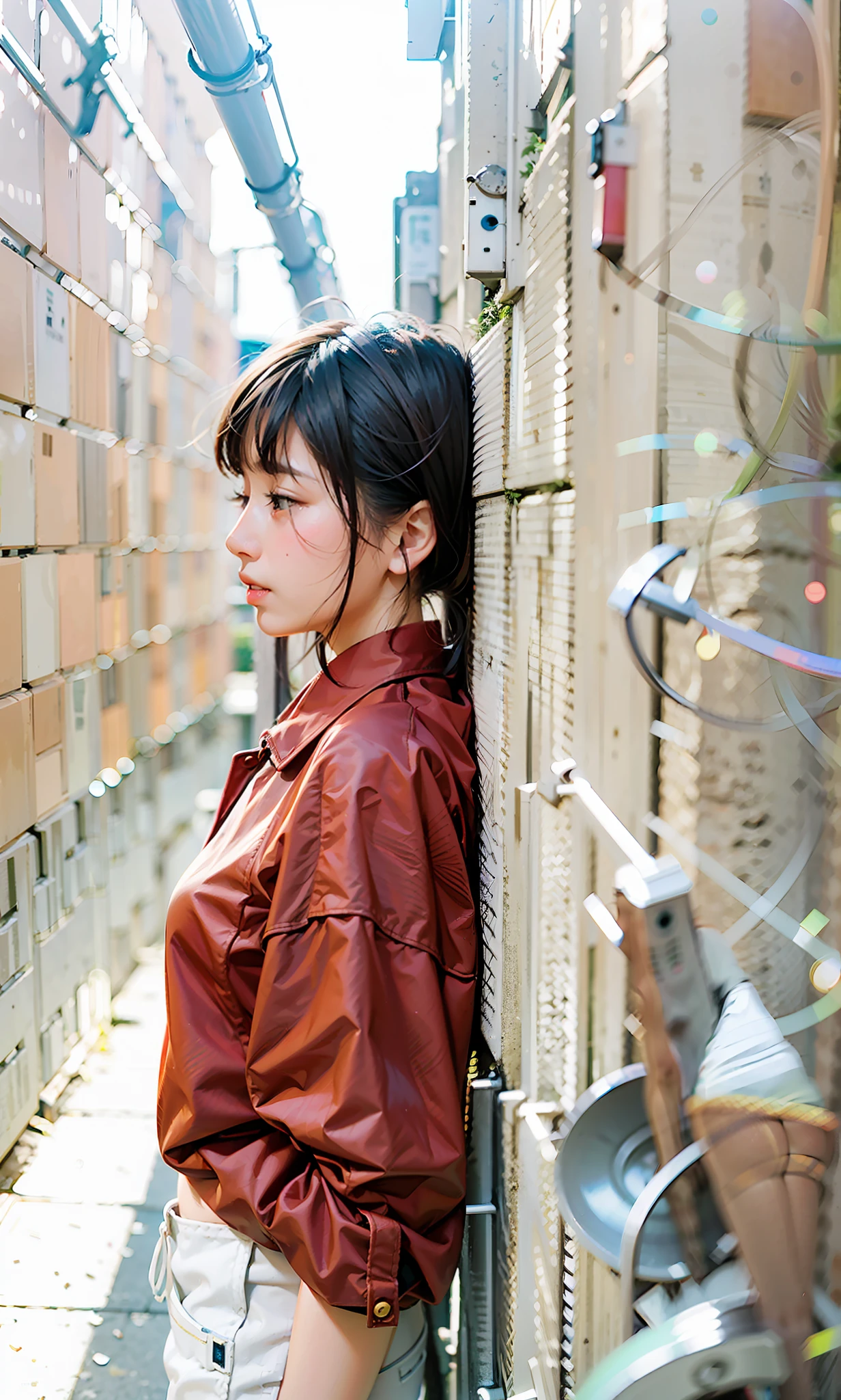 A young Asian girl leans against a wall,Stand quietly in the alley,Silhouette portrait of Chinese girl waist up。