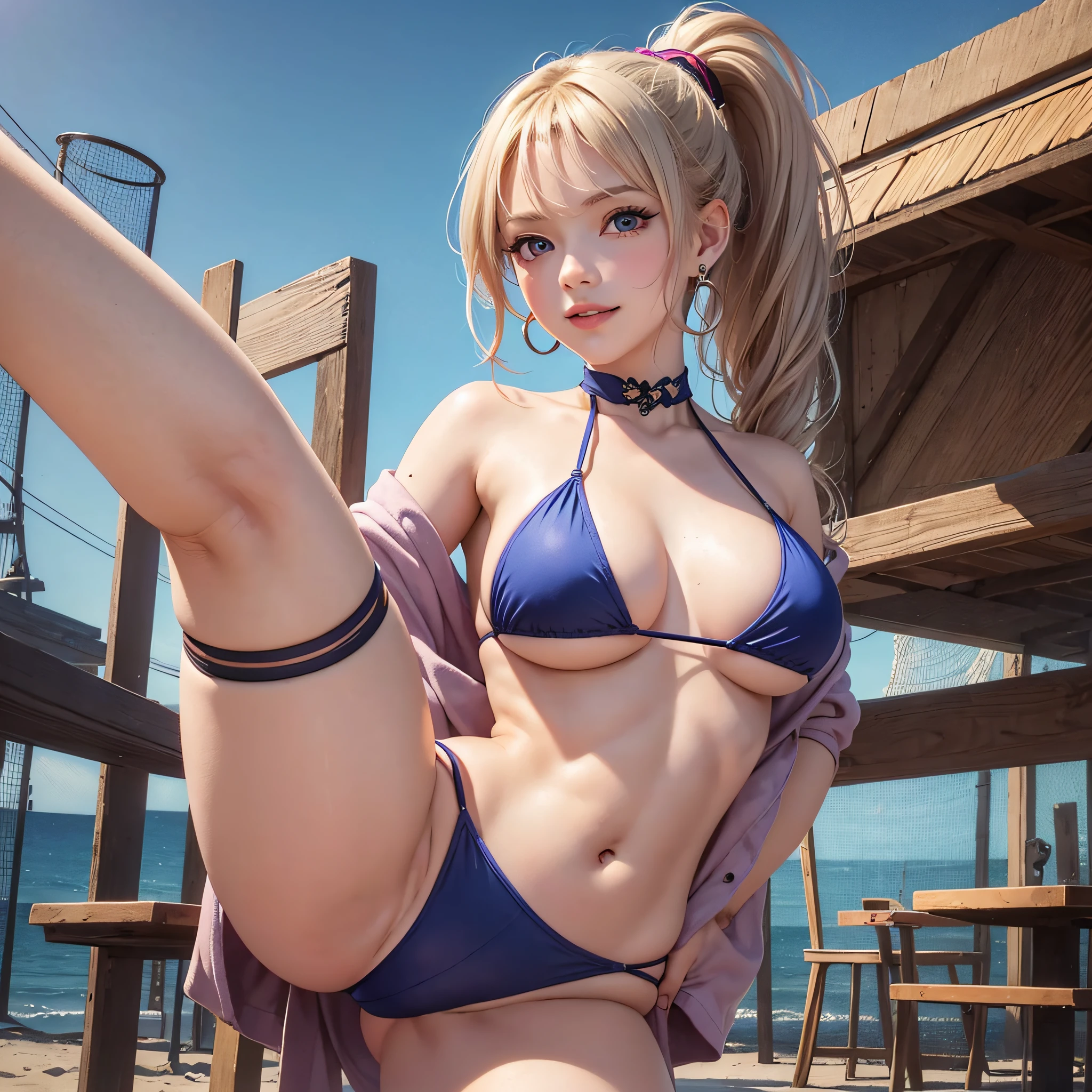 Realistic, Masterpiece, best Quality, perfect anatomy, (Detailed Eyes), One High School Girl, Huge breast, Sweat, night, outdoor, bustling restaurant, micro bikini tucked in, string only micro bikini, ponytail, earrings,  between breasts, center opening,   pelvis curtain, (wide hips), shy smile, embarrassed, (look up), Beach, standing split, leg up,leg lift,standing on one leg