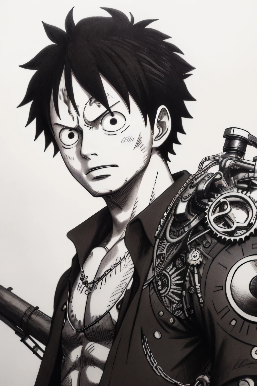 A mesmerizing greyscale pencil drawing capturing the legendary Monkey D. Luffy from the anime series One Piece, portrayed in a detailed portrait that extends till his torso. Luffy is depicted wearing a striking steampunk-inspired dress, adorned with intricate gears, chains, and ornate designs that add a unique twist to his iconic attire. The sketch showcases the meticulous details of his steampunk dress, the flowing folds, and the delicate shading that brings depth to his form. The drawing is rendered in 4K HDR, allowing for stunning visual clarity and contrast. Luffy's determined expression and unwavering spirit are brought to life through the precise linework and shading. The background is kept minimal, ensuring the focus remains on Luffy and the captivating steampunk aesthetics of his attire. Style: Detailed pencil drawing with a focus on precise linework, shading, and texture, capturing the essence of Luffy's steampunk dress and his indomitable spirit. Execution: Created using high-quality pencils on fine-grained paper, employing various shading techniques to achieve a lifelike portrayal with rich details and textures. --ar 1:1