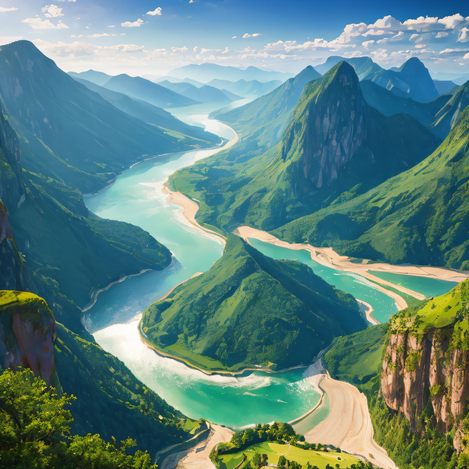 Masterpiece, ultimate quality, Cg unity 8k wallpaper, super delicate, beautiful sky and clouds, rich natural scenery, cliffs, lakes and rivers, waterfalls and flying water, beautiful green mountains, no trace of people, excellent scenery, has already won a photo contest, background Blurring, full depth of field, HDR high dynamics, true restoration, intricate, extreme details, dramatic presentation, perfectly presenting the style of midjourney art. --auto