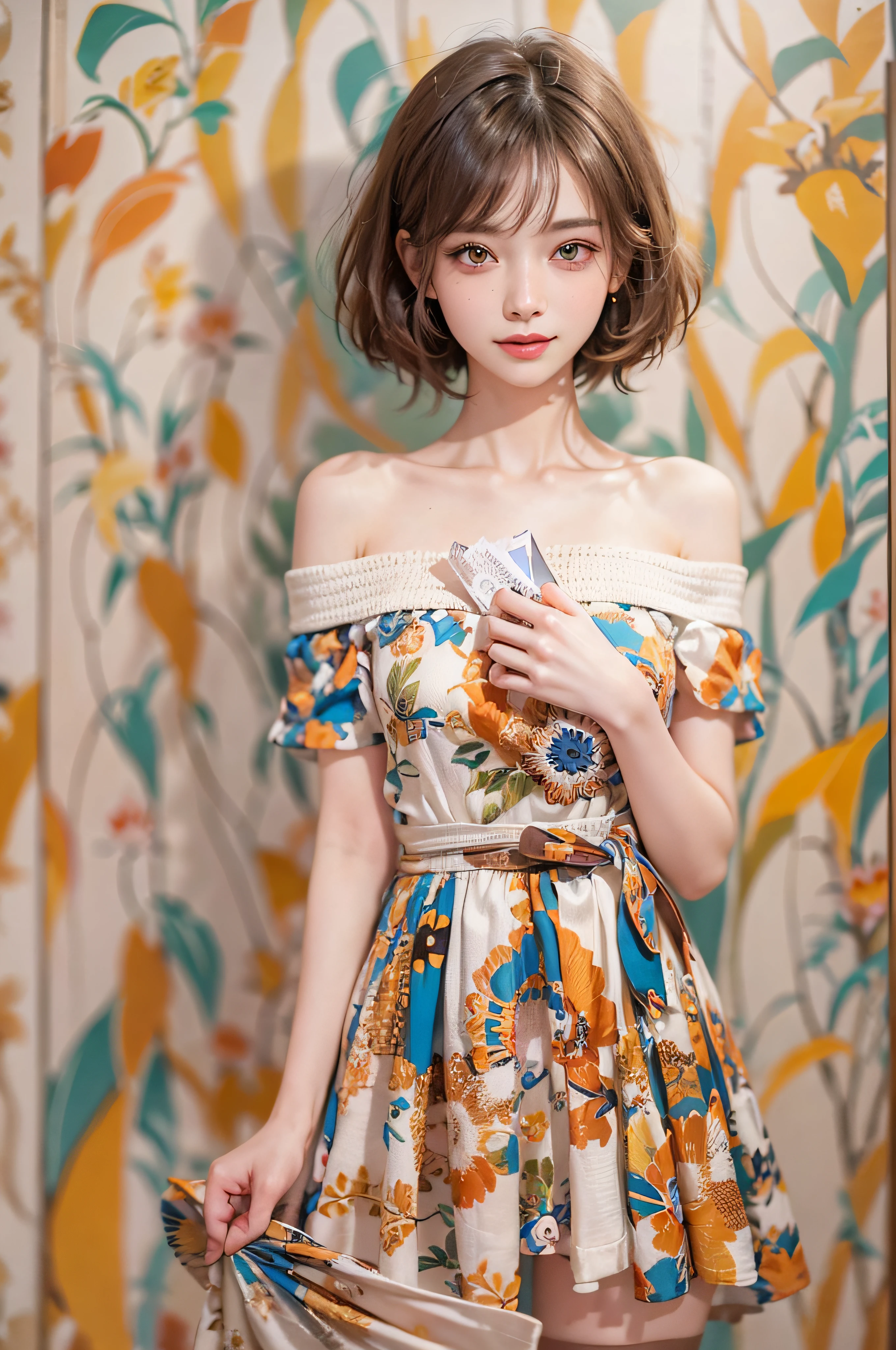 (delicate illustration:1.3)、(​masterpiece:1.0)、(top-quality:1.4)、(超A high resolution:1.2)、(Photorealsitic:1.4)、(8K、Raw photography:1.2)、(foco nítido:1.3)、fullllbody、(23years old:1.4)、(((One girl wearing a detailed off-shoulder knitted dress)))、((Girl with short bob hair))、(Brightly colored clothing)、(Fashionable patterned clothes)、(((urban backdrop)))、((Brown contacts white skin))、鎖骨、hugetits、(Happy smiling face)、landscapes、bangss:1.2、beatiful detailed eyes、(sface focus)、 When you look into the camera、Slimed、Slender West、Thin leg、(cute little)、(Beautiful fece)、showing the view from above、pureerosface_v1、ulzzang -6500-v1.1