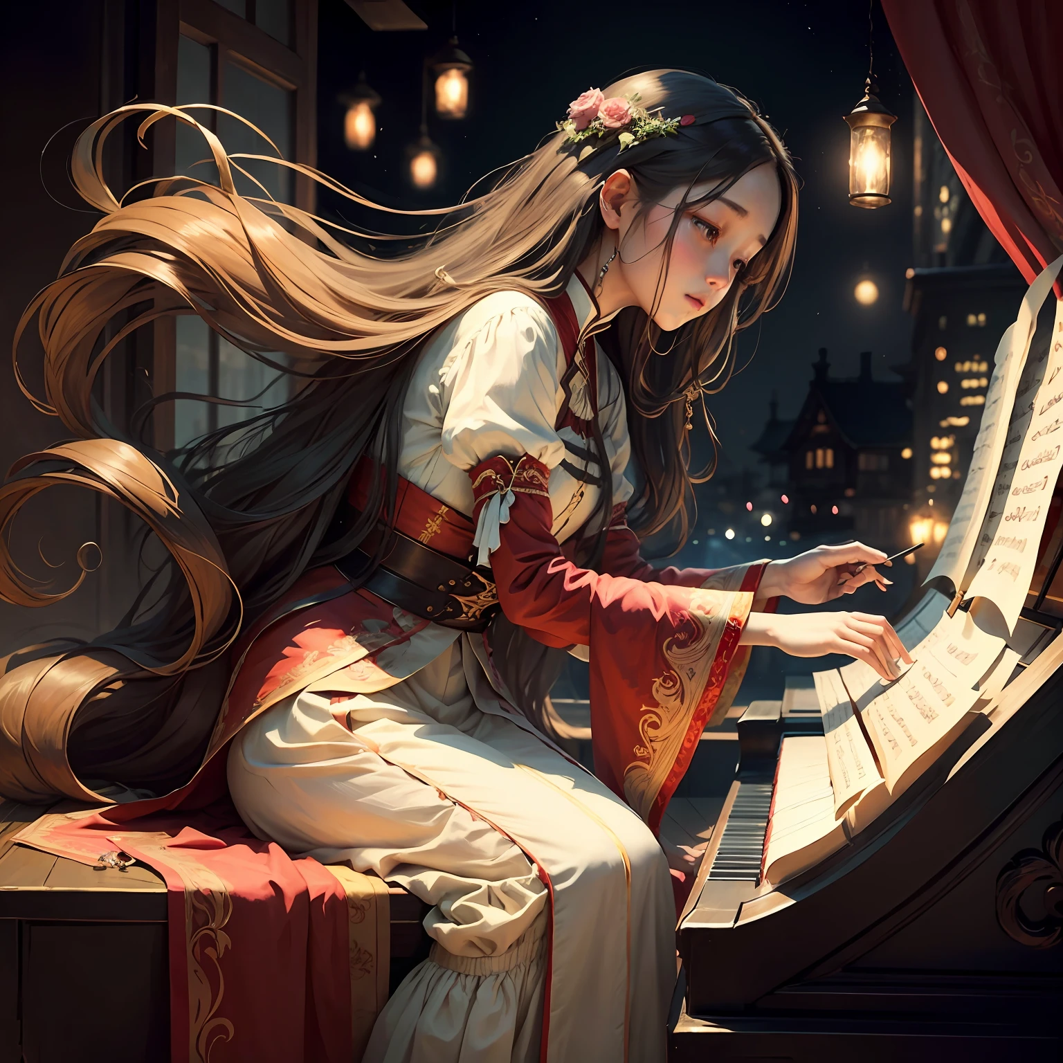 The piano rhymes melodiously,(The warm:1.2)The night breeze blows,Beauty with long hair in period costume。 --auto