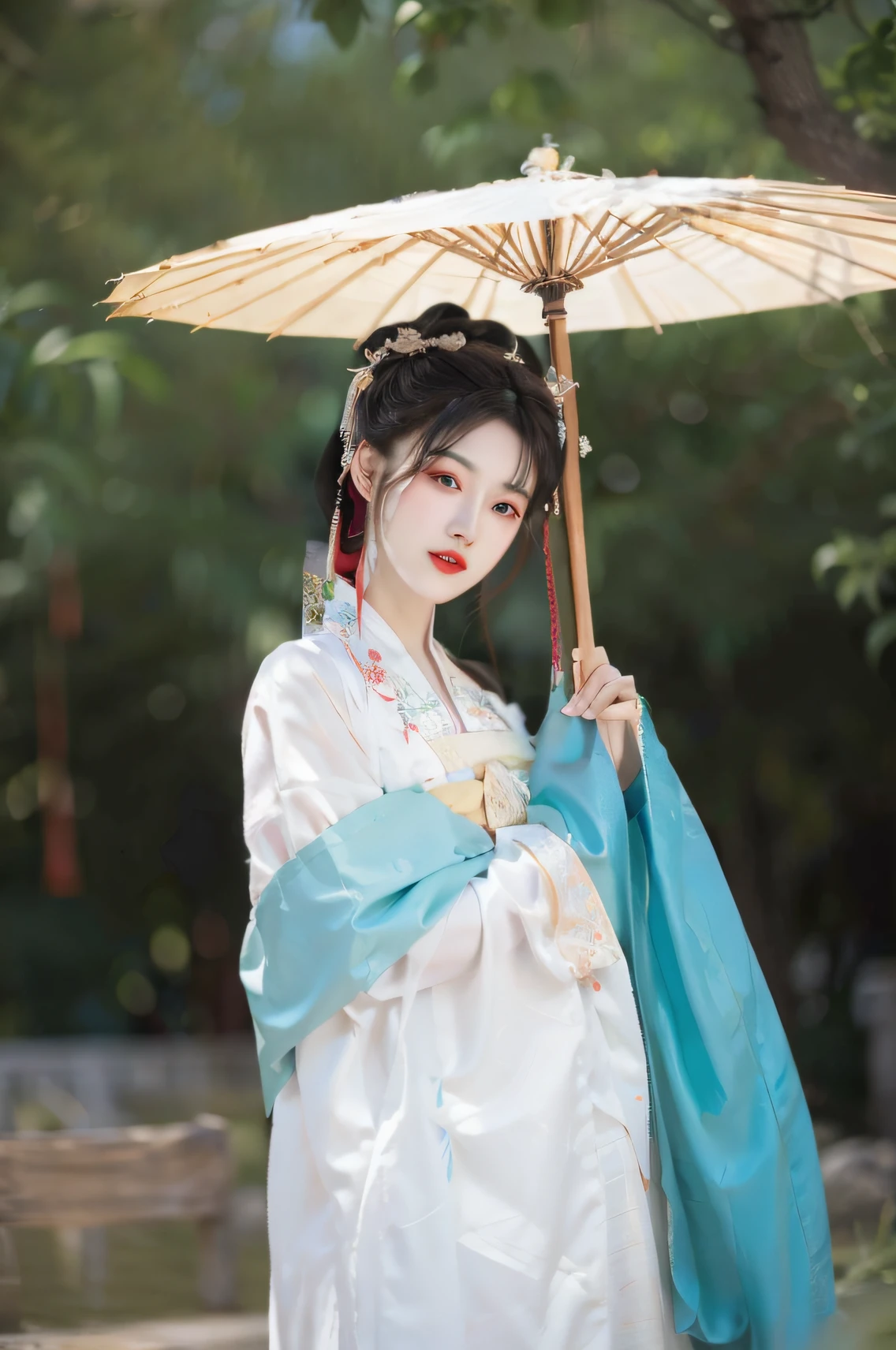 An Alafi woman dressed in traditional Chinese dress holds an umbrella, White Hanfu, Palace , A girl in Hanfu, Wearing ancient Chinese clothes, Hanfu, with acient chinese clothes, Traditional Chinese clothing, Wearing a luxurious silk cloak, Chinese costume, wearing ornate silk clothes, Traditional beauty, Chinese style, Chinese traditional, ancient chinese beauti, Chinese girl,Cherry red lips,hyper HD, retinas, ccurate, Anatomically correct, Textured skin, Super detail, High details, High quality, Best quality, A high resolution, 16k