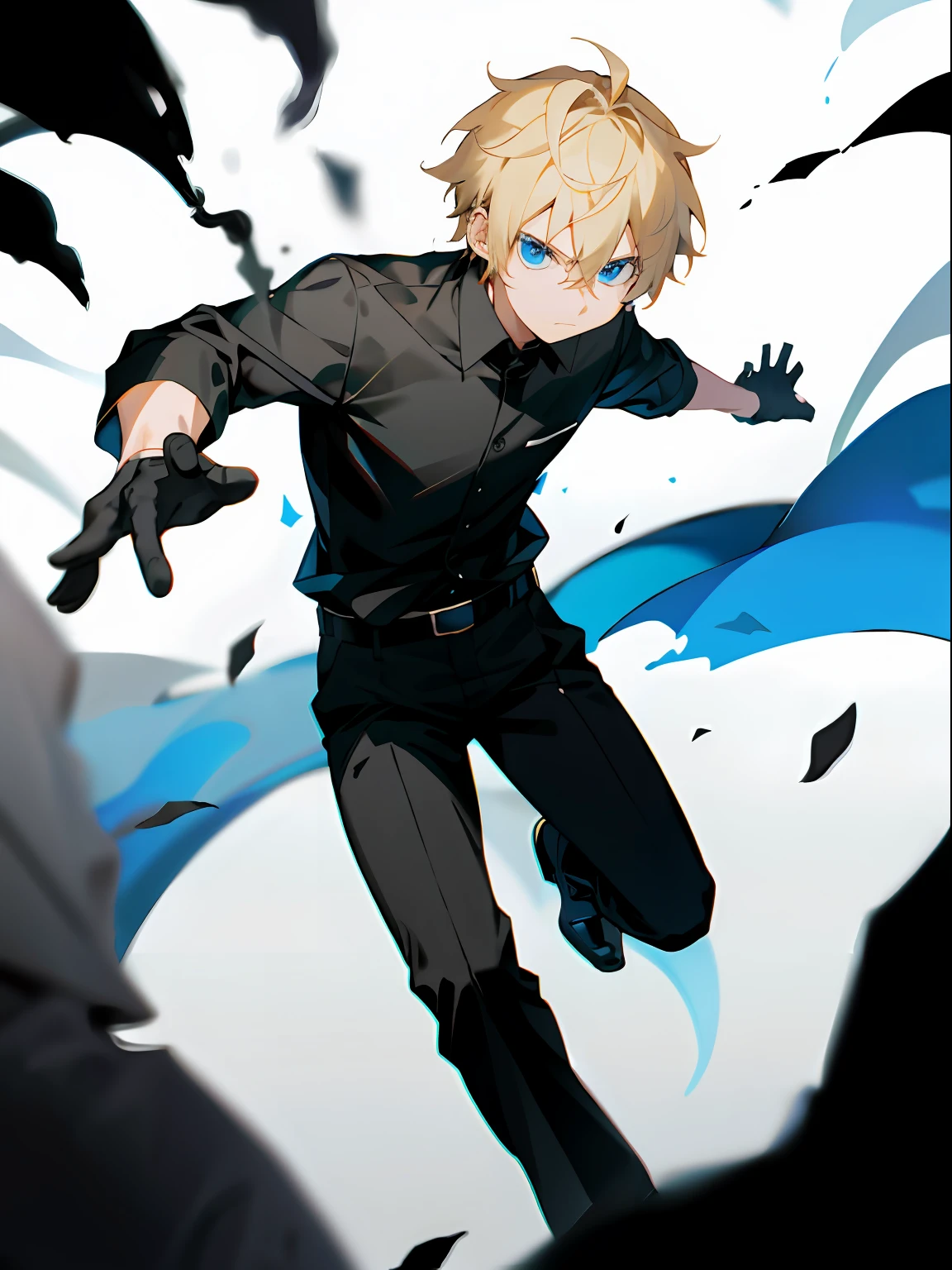 1boy, black tactile shoes, black_shirt, black_pants, black tactical vest, blue eyes, dirty blonde hair