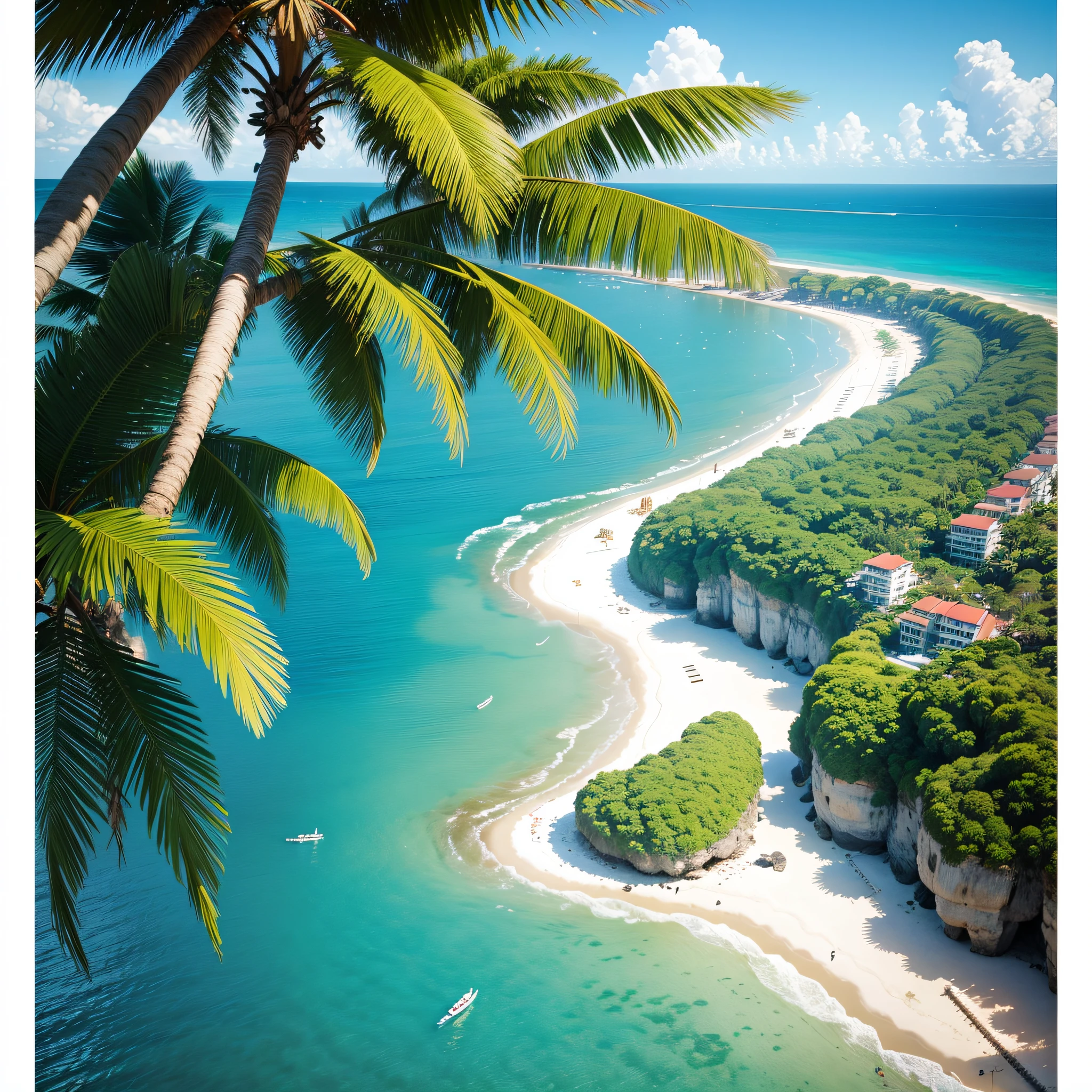 Anime style,the sea,sea beach,coconut palms,seagulls,baiyun,A small island in the distance --auto