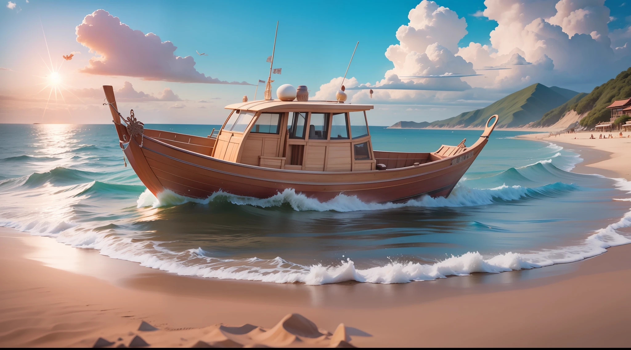 Ancient Chinese seaside,Song dynasty,By the sea in summer,sandbeach,Several ancient Chinese fishing boats in the distance,jetty,fisherman,A girl in Hanfu by the sea,beautiful weather,Blue skies,and the sun was shining brightly,brilliant colorful,Happy summer vacation,The picture is simple,Close-up,The sun is shining,The waves hit in the distance,The vision is impactful,3D DreamWorks style,The perspective is square
