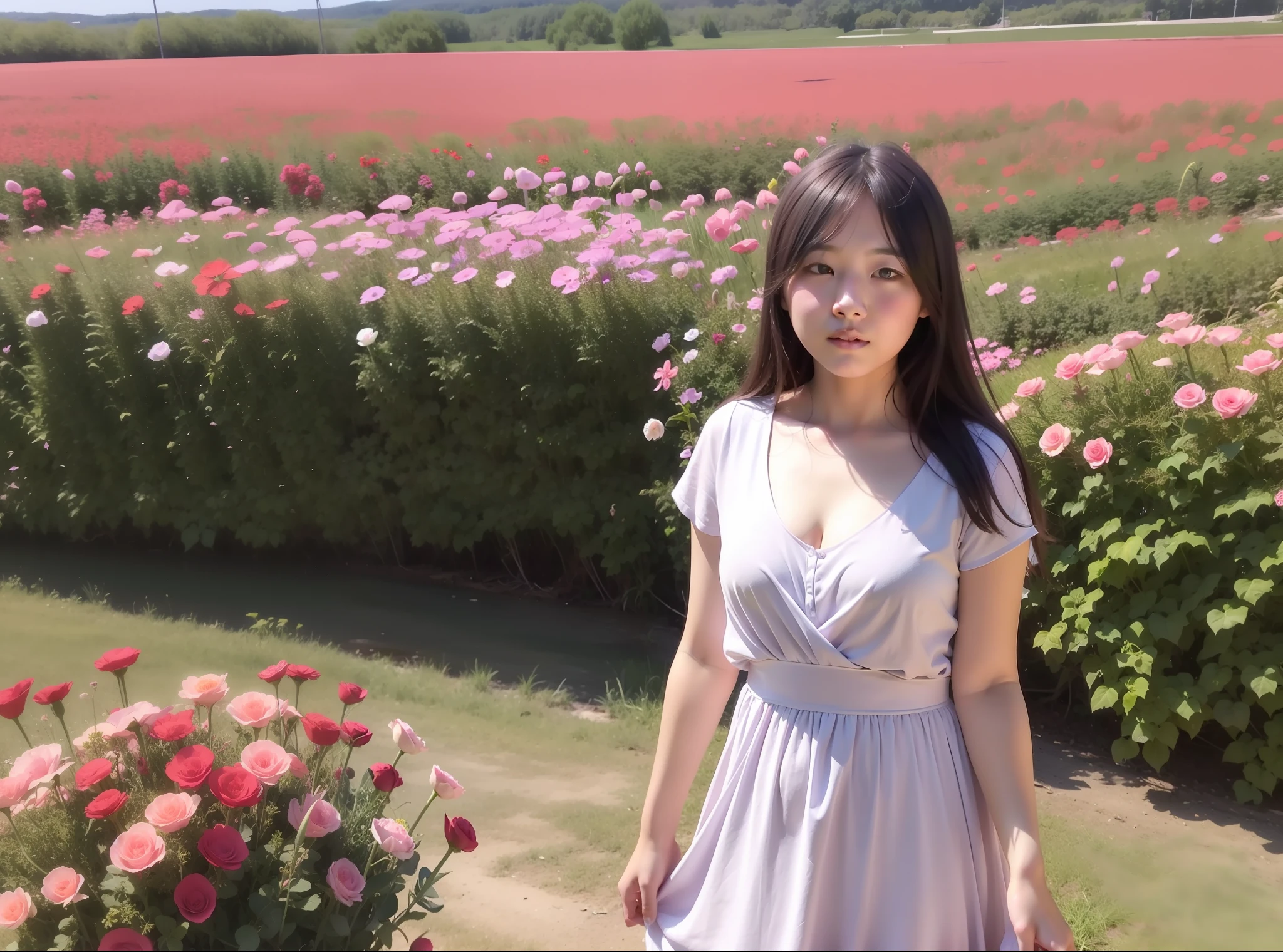 Girl in dress standing in sea of flowers、I joked and turned around