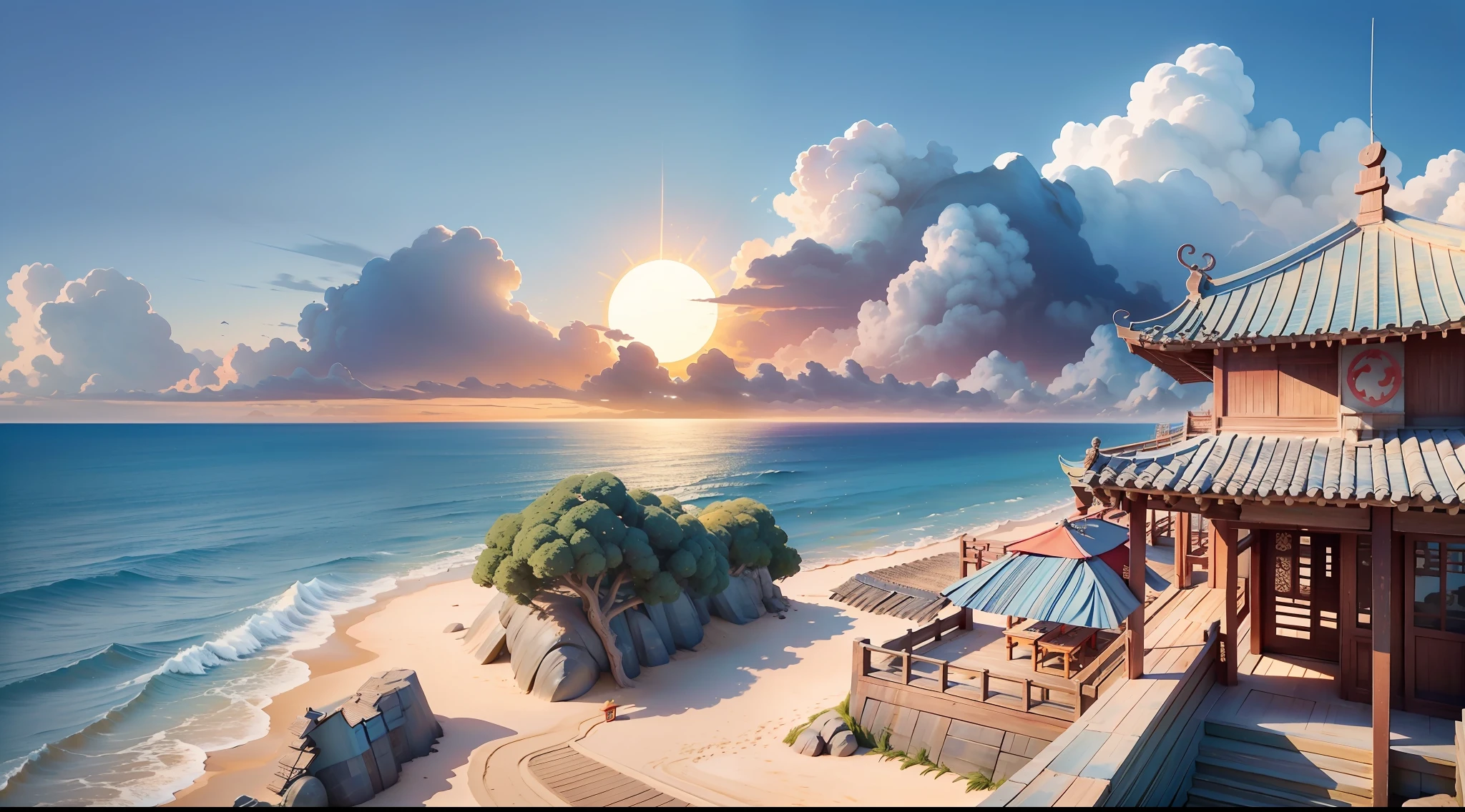 Ancient Chinese seaside,Song dynasty,By the sea in summer,sandbeach,Several ancient Chinese fishing boats in the distance,Ancient wooden attic,Fujian, China,islands,Fishing village marina,Short coat,shorter pants,The barefoot,Beautiful ancient Chinese girl dressed in Han costume by the sea,The legendary young goddess Mazu,cabelos preto e longos,beautiful weather,Blue skies,and the sun was shining brightly,brilliant colorful,Happy summer vacation,The picture is simple,Close-up,The sun is shining,The waves hit in the distance,The vision is impactful,3D DreamWorks style,The perspective is square