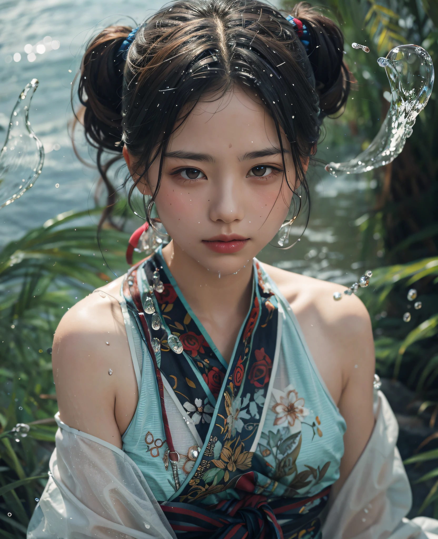 Water droplets on the face,There is water on the body,The clothes were wet with water ,Crystal clear water droplets --auto