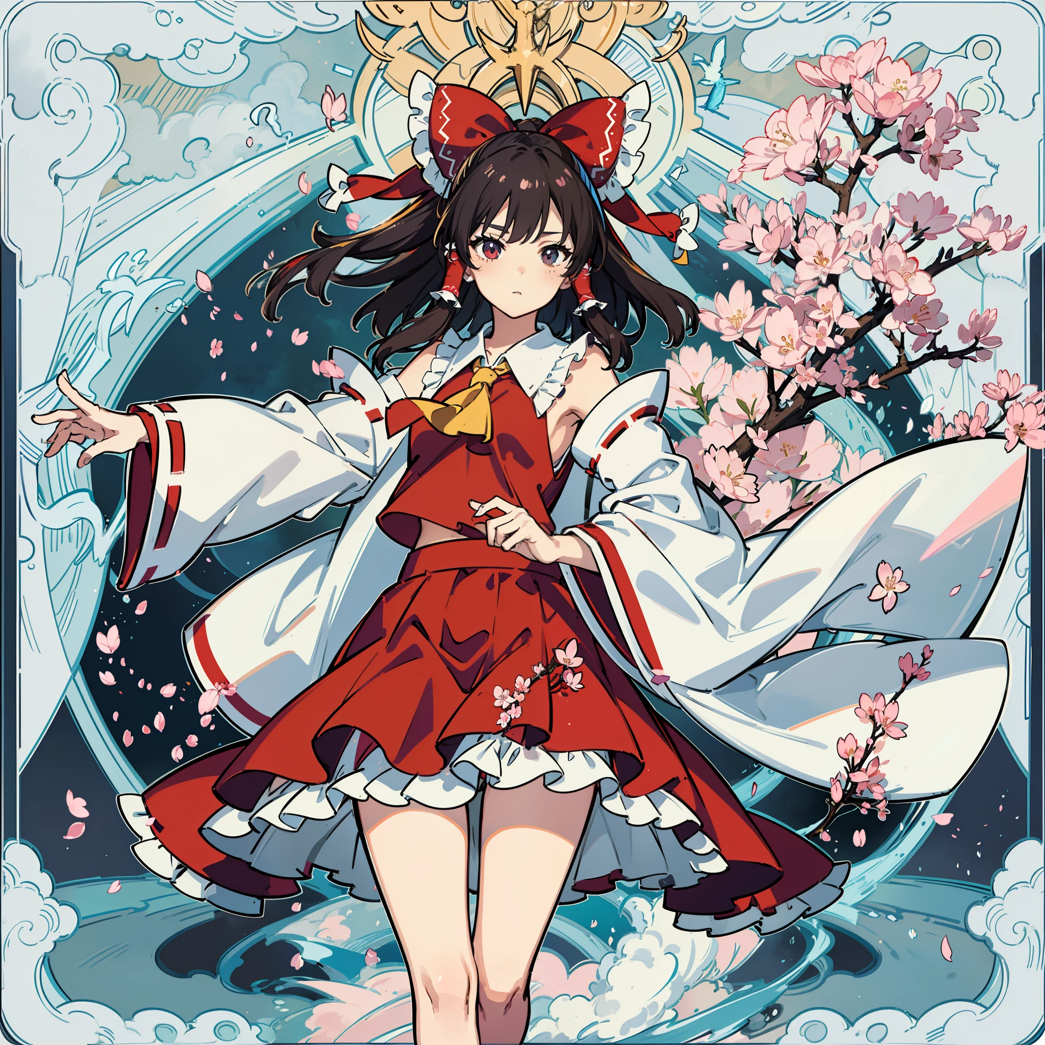 masutepiece, Fine detail, 4K, 8K, 12K, Solo, Two people, Beautiful Girl, caucasian female, reimu hakurei, 🌸, cherryblossom, spring, Tarot card style illustration