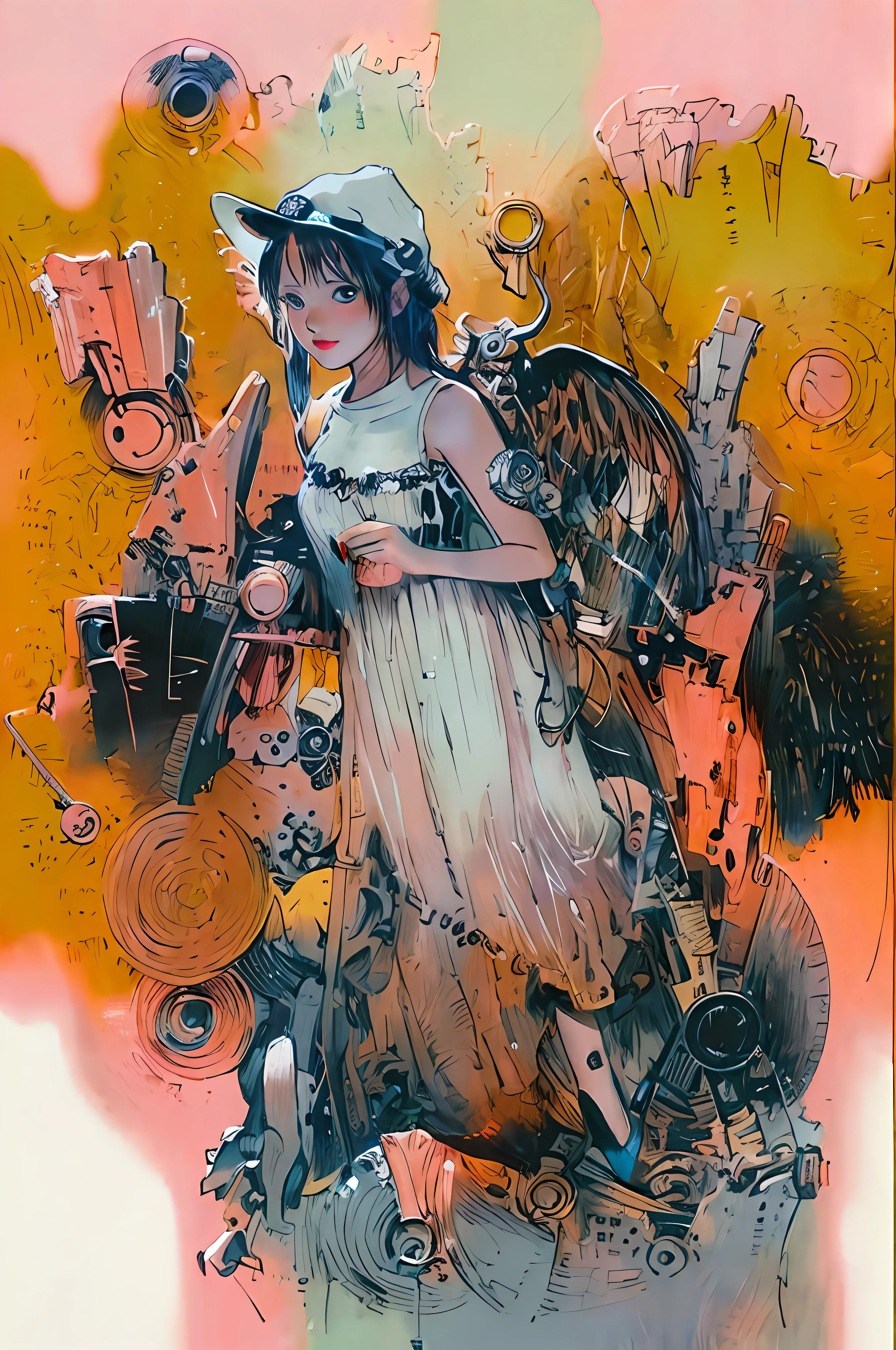 Arafeld painted a woman with a clock and angel's wings, steampunk angel, intricate manga drawing, black and white manga style, mechanical angel, pencil and ink manga drawing, pencil and ink manga, monochrome artwork!!, Anime fantasy illustration, artbook artwork, detailed manga style, inspired by Yumihiko Amano, Manga illustration, comic book art, high detailed official artwork