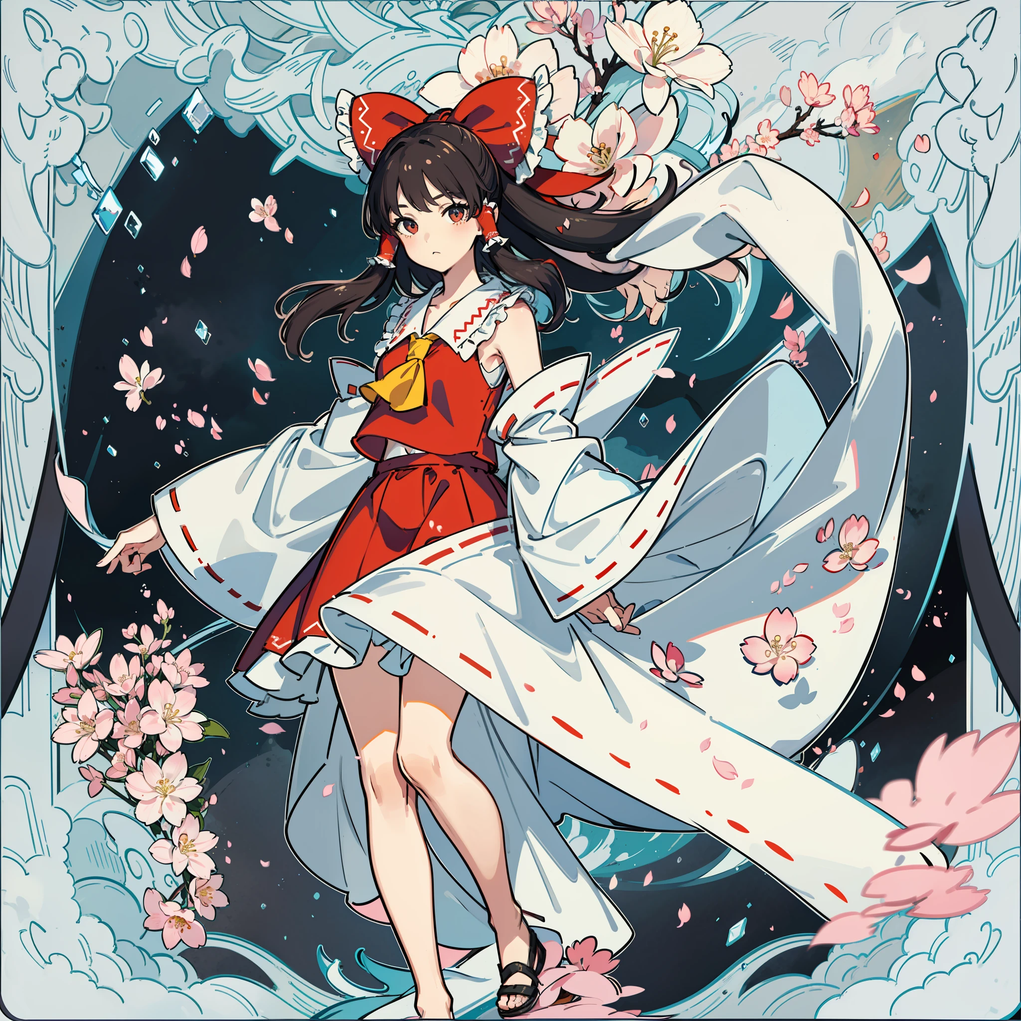 masutepiece, Fine detail, 4K, 8K, 12K, Solo, Two people, Beautiful Girl, caucasian female, reimu hakurei, 🌸, cherryblossom, spring, Tarot card style illustration