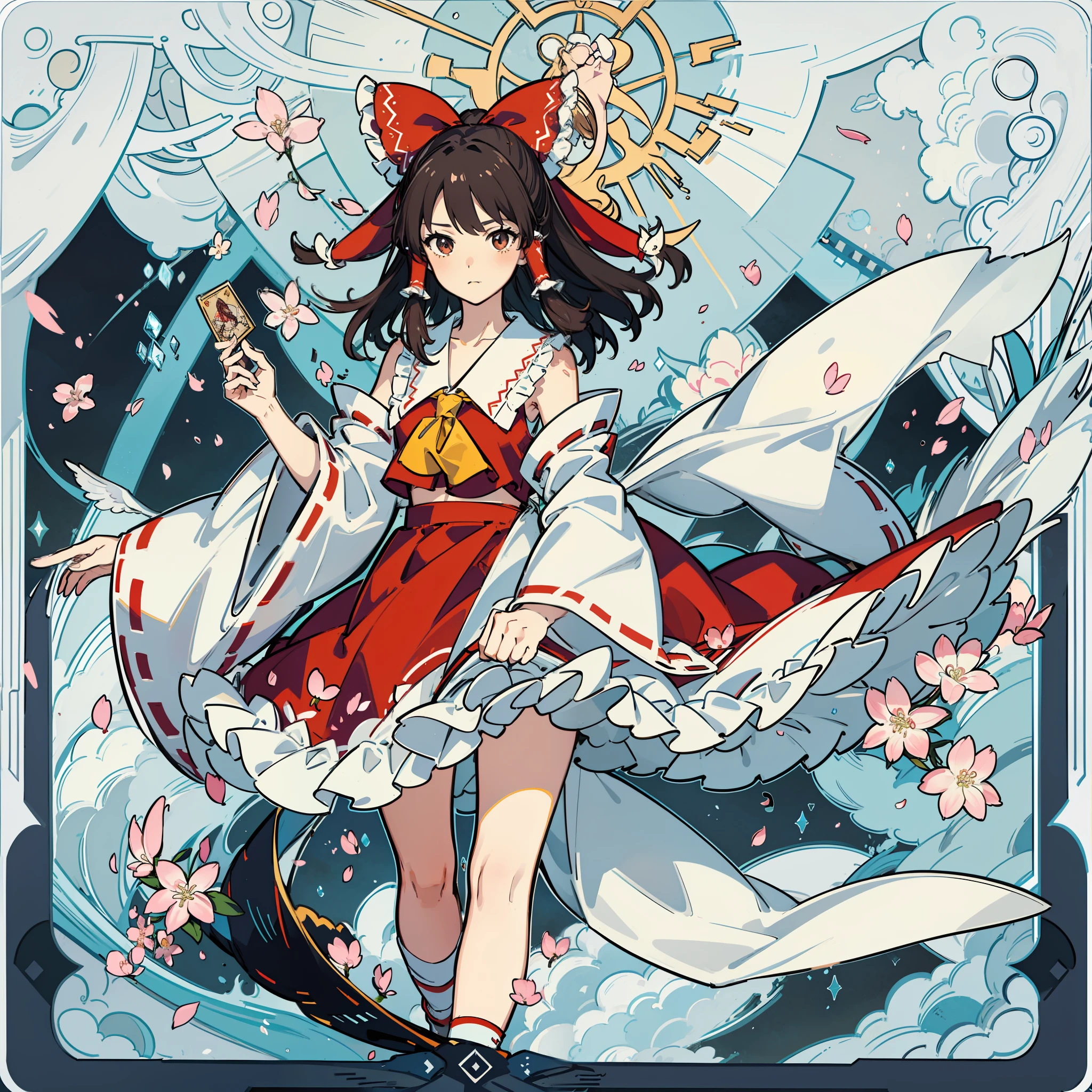 masutepiece, Fine detail, 4K, 8K, 12K, Solo, Two people, Beautiful Girl, caucasian female, reimu hakurei, 🌸, cherryblossom, spring, Tarot card style illustration