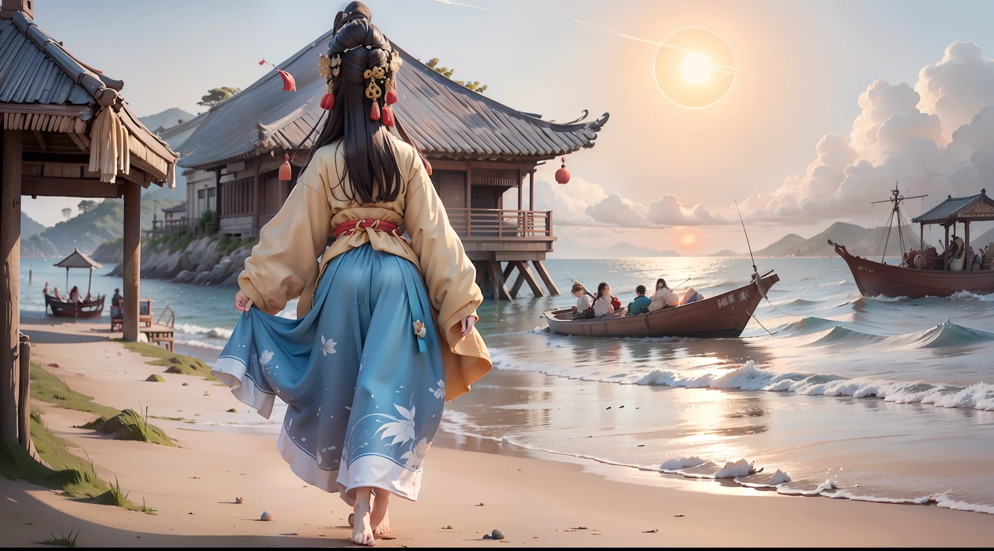 Ancient Chinese seaside,Song dynasty village,By the sea in summer,sandbeach,Several ancient Chinese fishing boats in the distance,Ancient attic,Fujian, China,islands,Fishing village marina,A beautiful ancient Chinese girl dressed in Han costume in the distance by the sea,Short coat,shorter pants,The barefoot,The legendary young goddess Mazu,cabelos preto e longos,beautiful weather,Blue skies,and the sun was shining brightly,brilliant colorful,Happy summer vacation,The picture is simple,Close-up,The sun is shining,The waves hit in the distance,The vision is impactful,3D DreamWorks style,The perspective is square