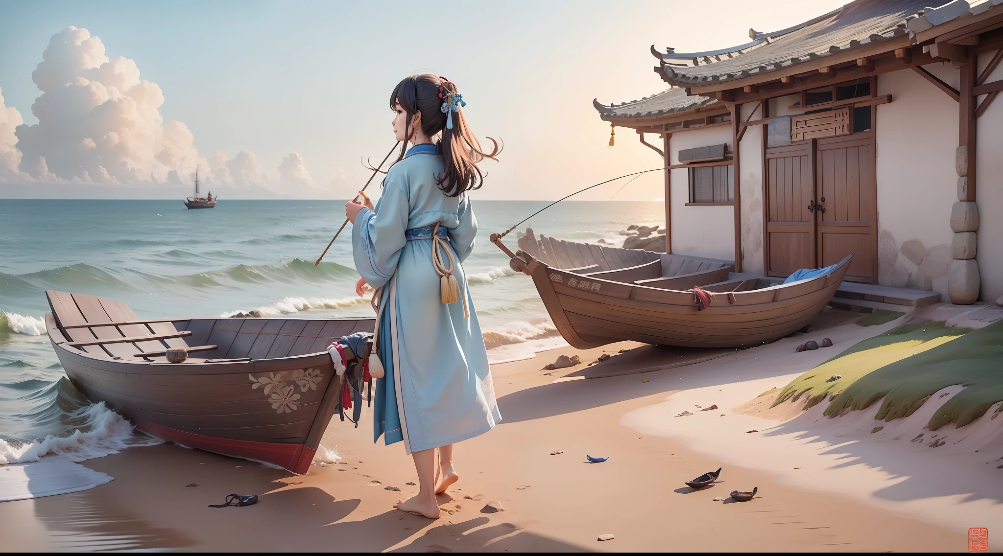 Ancient Chinese seaside，Song dynasty village，By the sea in summer，sandbeach，Several ancient Chinese fishing boats in the distance，Ancient attic，Fujian, China，islands，Fishing village marina，A beautiful ancient Chinese girl dressed in Han costume in the distance by the sea，Short coat，shorter pants，The barefoot，The legendary young goddess Mazu，cabelos preto e longos，beautiful weather，Blue skies，and the sun was shining brightly，brilliant colorful，Happy summer vacation，The picture is simple，Close-up，The sun is shining，The waves hit in the distance，The vision is impactful，3D DreamWorks style，The perspective is square