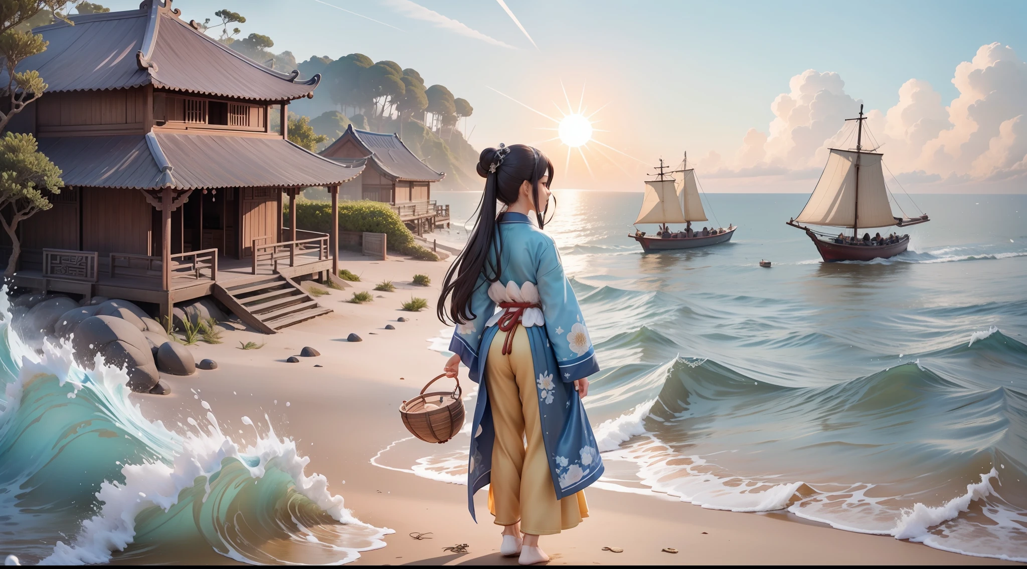 Ancient Chinese seaside,Song dynasty village,By the sea in summer,sandbeach,Several ancient Chinese fishing boats in the distance,Ancient attic,Fujian, China,islands,Fishing village marina,A beautiful ancient Chinese girl dressed in Han costume in the distance by the sea,Short coat,shorter pants,The barefoot,The legendary young goddess Mazu,cabelos preto e longos,beautiful weather,Blue skies,and the sun was shining brightly,brilliant colorful,Happy summer vacation,The picture is simple,Close-up,The sun is shining,The waves hit in the distance,The vision is impactful,3D DreamWorks style,The perspective is square