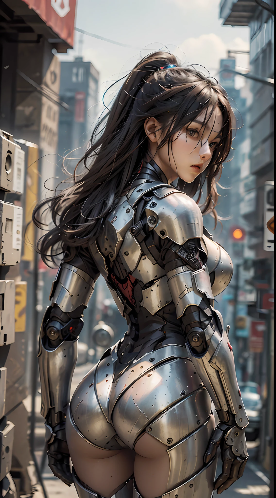 (Masterpiece), (Best quality), Photorealism, Realistic, Ultra detailed, Perfect face, Perfect body, 1girll, Beautiful girl, Girl in red armor, Mechanical armor, exoskeleton, Stand, Cool pose, Sexy, Watching from behind