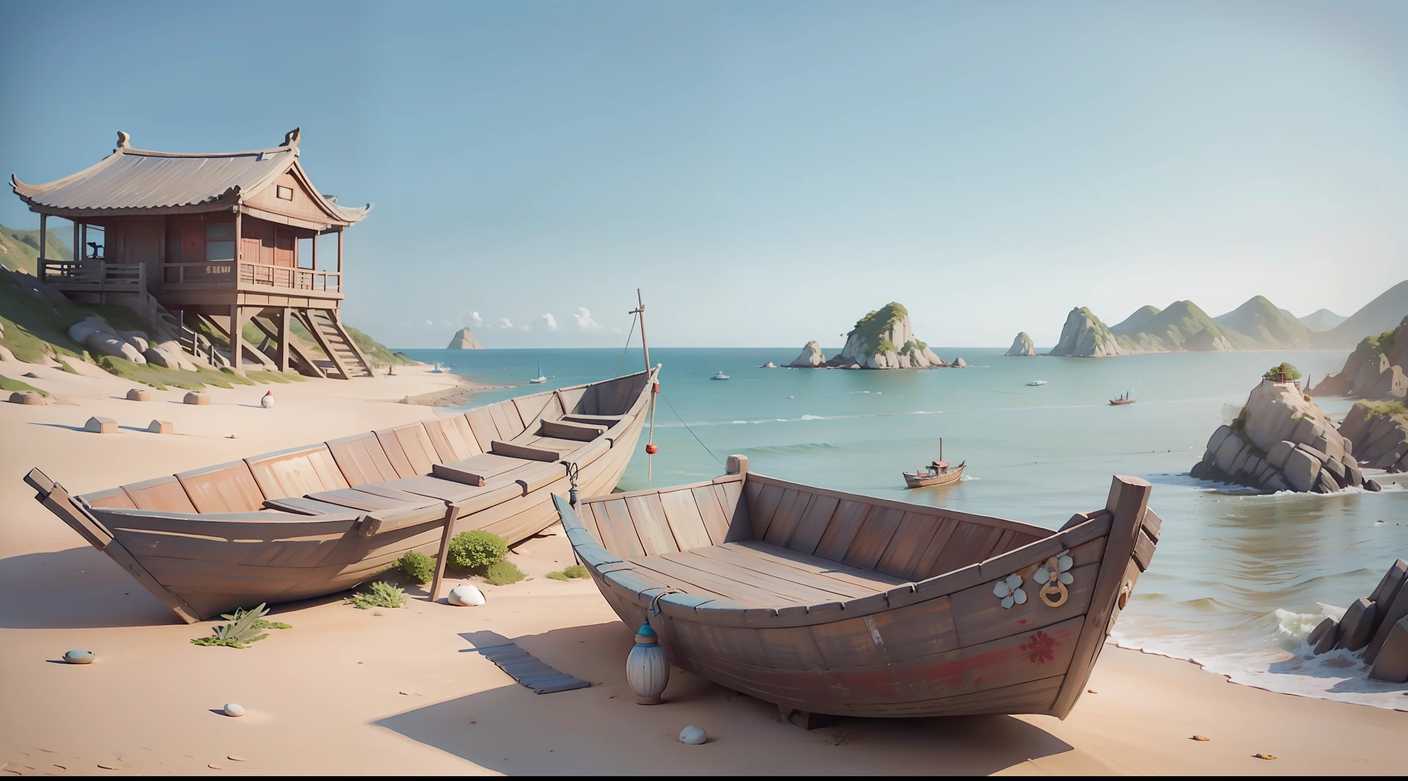 Ancient Chinese seaside,Song dynasty village,By the sea in summer,sandbeach,Several ancient Chinese fishing boats in the distance,Ancient attic,Fujian, China,islands,Fishing village marina,Wearing a short coat in the distance,shorter pants,Barefoot ancient fishermen,brunette color hair,beautiful weather,Blue skies,and the sun was shining brightly,brilliant colorful,Happy summer vacation,The picture is simple,Close-up,The sun is shining,The waves hit in the distance,The vision is impactful,3D DreamWorks style,The perspective is square,wide angles,Faraway view,large panorama