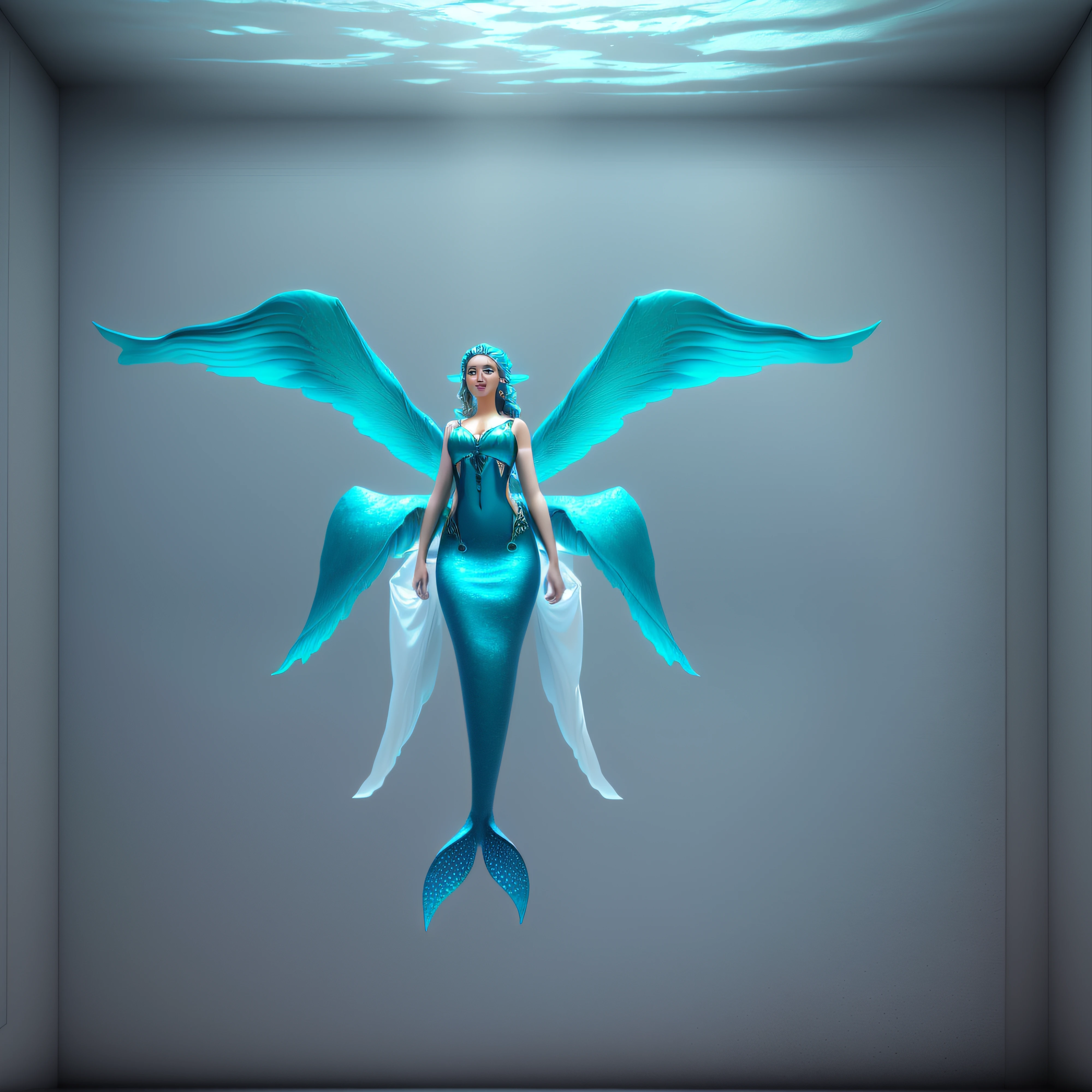 There is a mermaid with wings flying in the air, stunning 3d render of a fairy, epic 3 d yemaya, mermaid, teal ethereal tendril wings, mermaid body, water fairy, render of mirabel madrigal, female floating, Siren, with large wings, render of april, beautiful mermaid, with real wings, stuning fantasy 3 d render