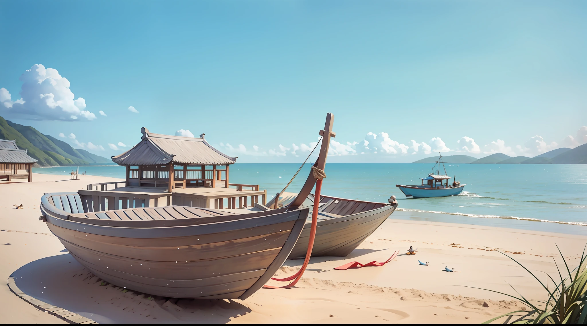 Ancient Chinese seaside，Song dynasty village，By the sea in summer，sandbeach，Several ancient Chinese fishing boats in the distance，Ancient attic，Fujian, China，islands，Fishing village marina，Wearing a short coat in the distance，shorter pants，Barefoot ancient fishermen，brunette color hair，beautiful weather，Blue skies，and the sun was shining brightly，brilliant colorful，Happy summer vacation，The picture is simple，Close-up，The sun is shining，The waves hit in the distance，The vision is impactful，3D DreamWorks style，The perspective is square，wide angles，Faraway view，large panorama