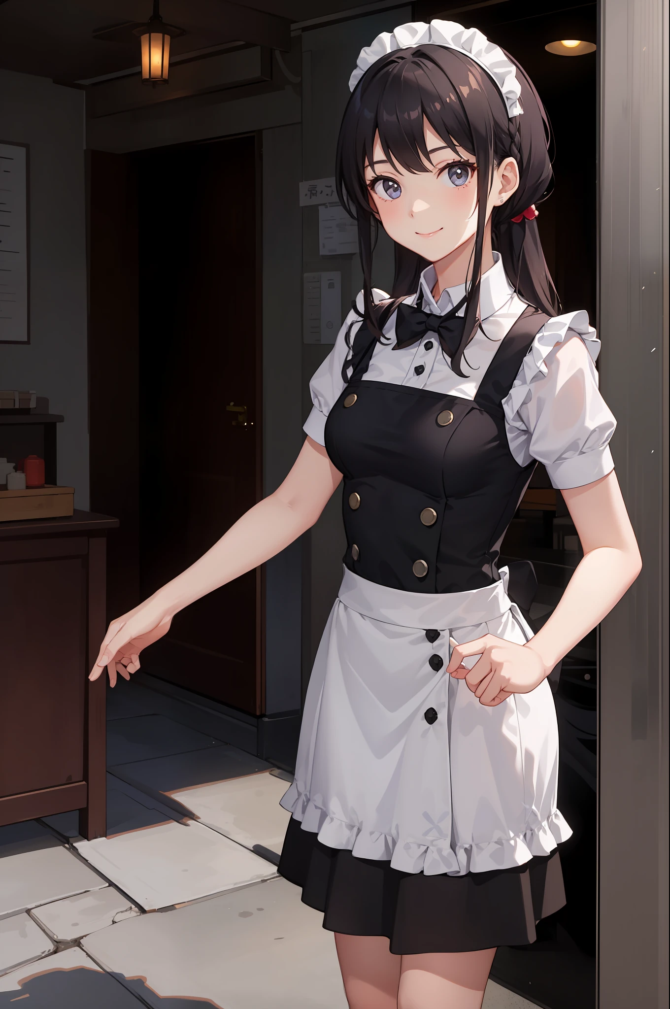 1girl in、A smile、A delightful、skirt by the、(small tits)Chilarism、doress、pinafore,,,,,,、Maids,,,,,,,,、hair adornments、movement、