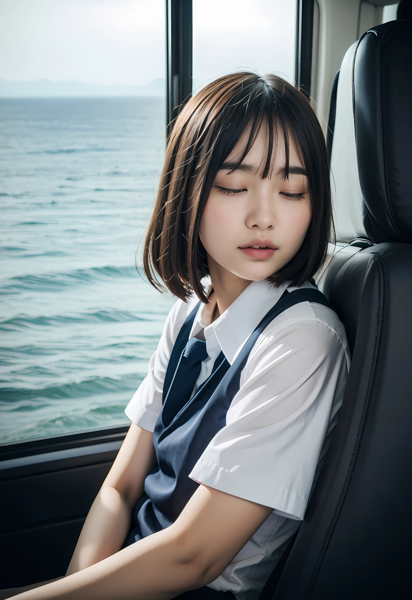 1 girl in、masterpiece、((top-quality))、realisitic、(Detailed light)、short shoulder-length hair、15yo student、japanese hight school uniform、shortsleeves、夏天、enticing eyes、in the bus、(a closeup)、sitting in the chair、(s asleep)、closing eye、(Ocean view window)、ighly detailed